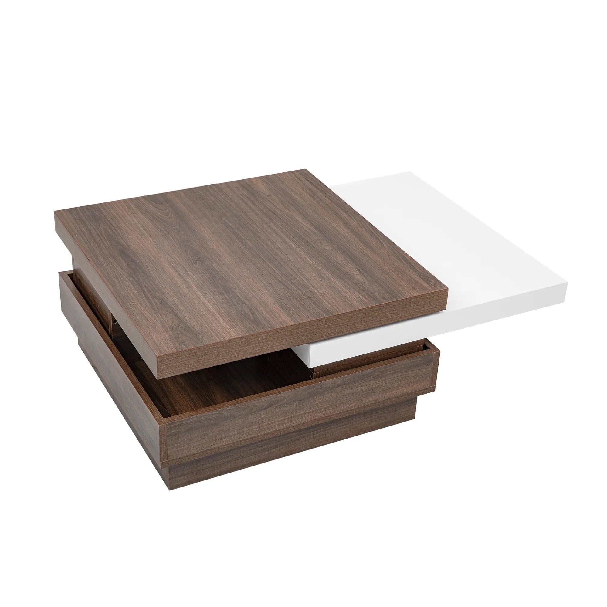 Modern Square Rotatable Top Coffee Table with Wooden Grain Design and Storage