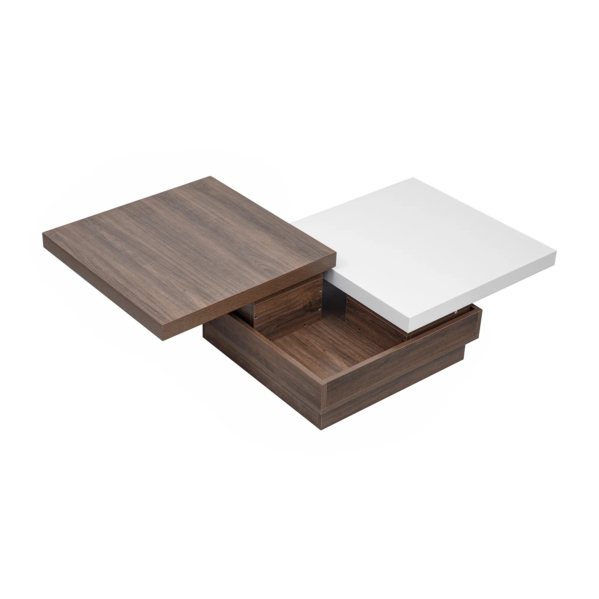 Modern Square Rotatable Top Coffee Table with Wooden Grain Design and Storage