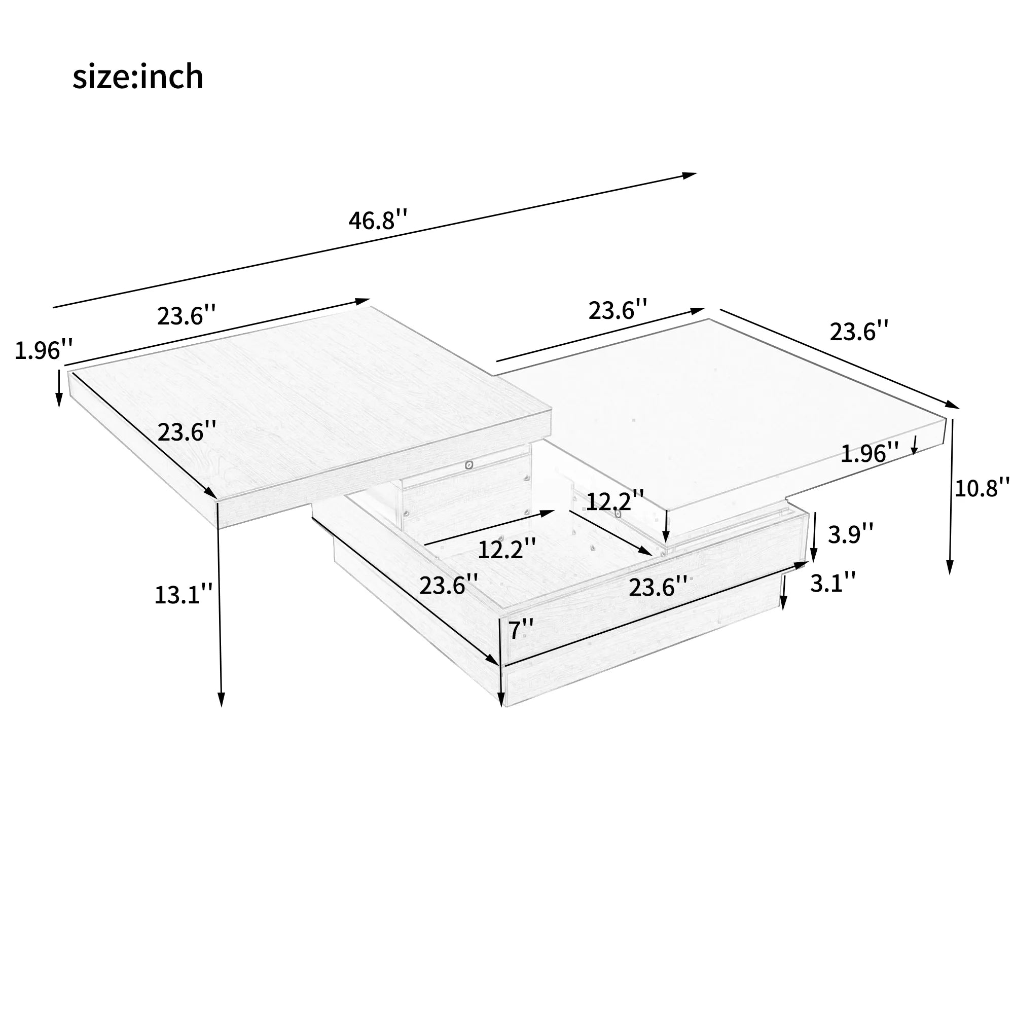 Modern Square Rotatable Top Coffee Table with Wooden Grain Design and Storage