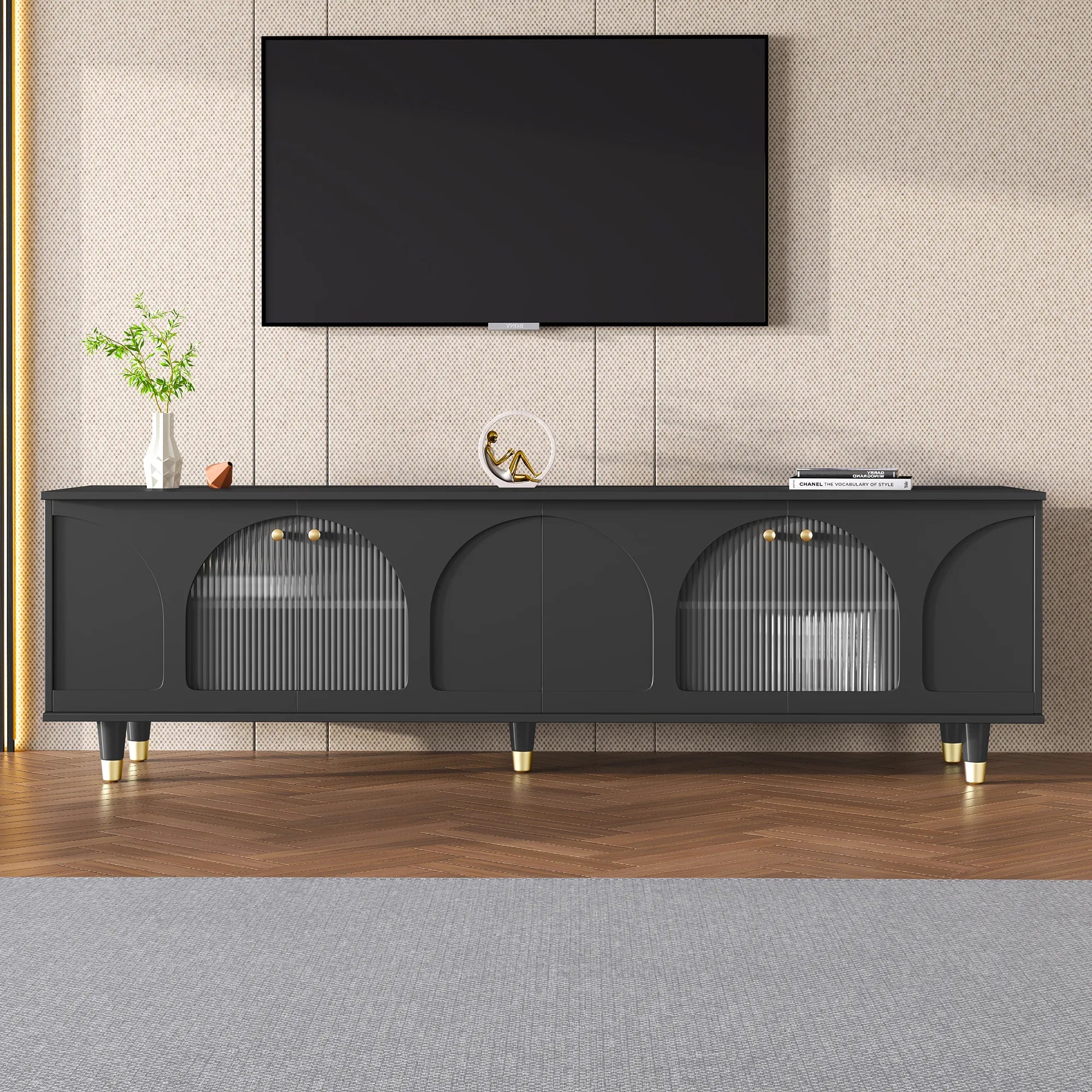 Modern TV Stand with Arch Fluted Glass Doors