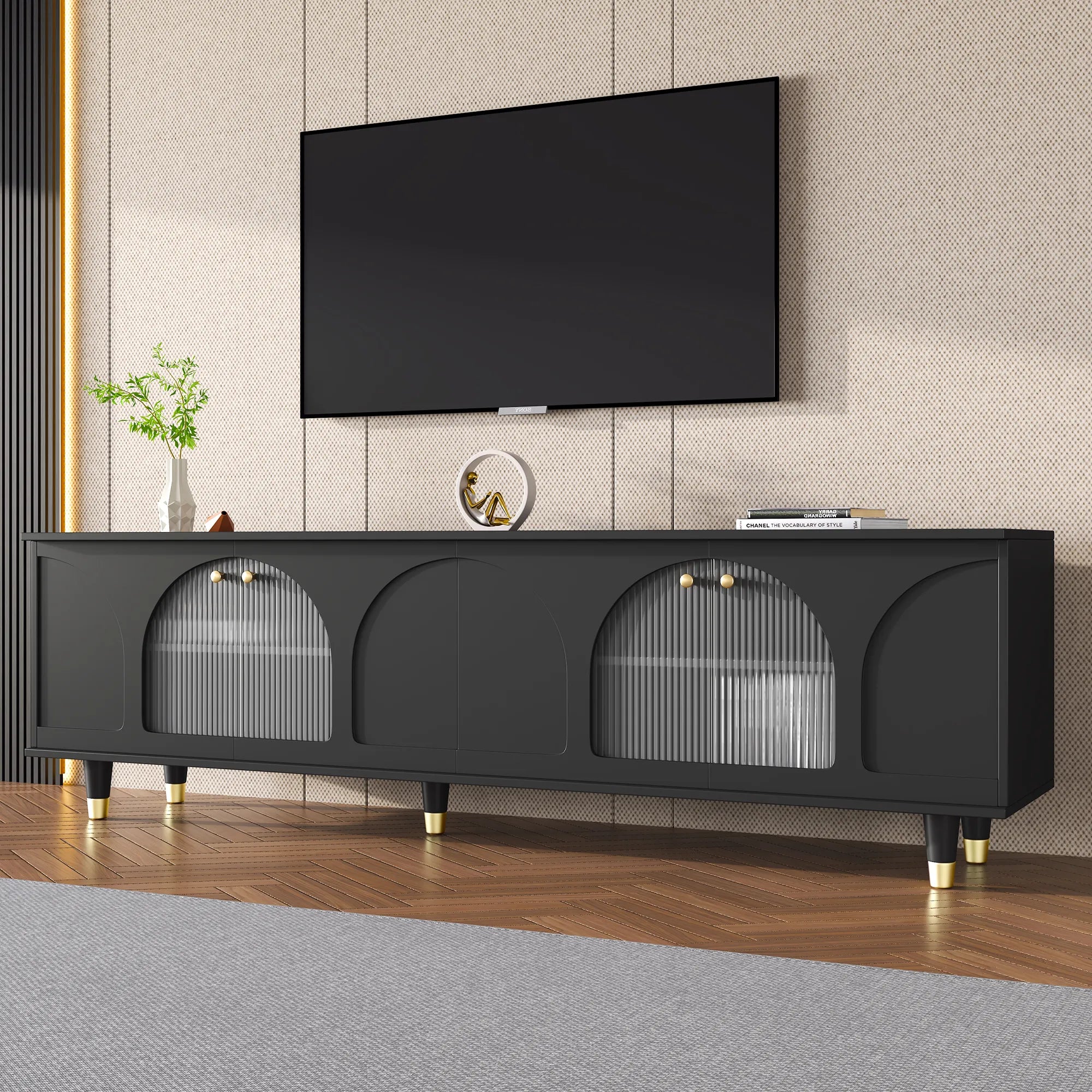 Modern TV Stand with Arch Fluted Glass Doors