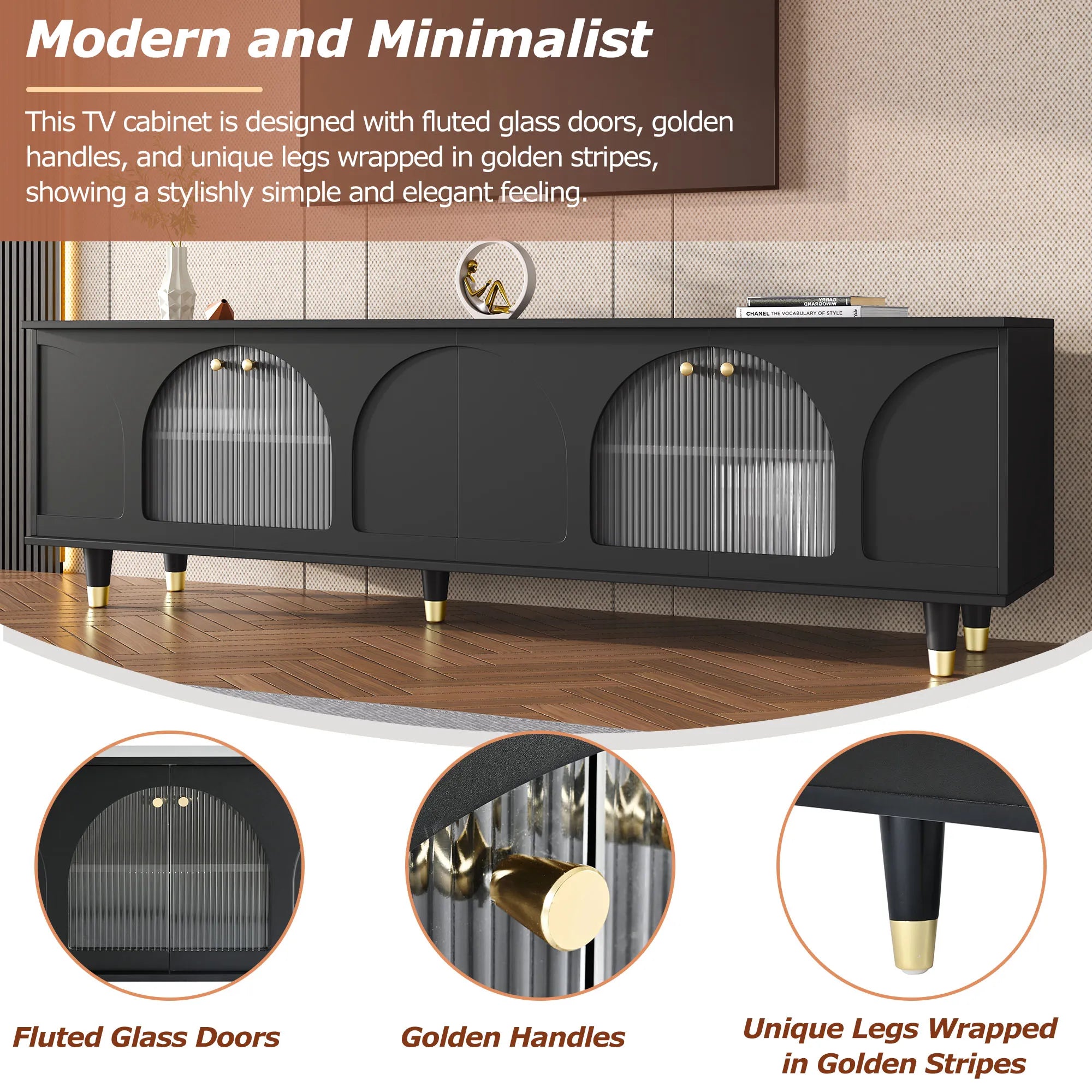 Modern TV Stand with Arch Fluted Glass Doors