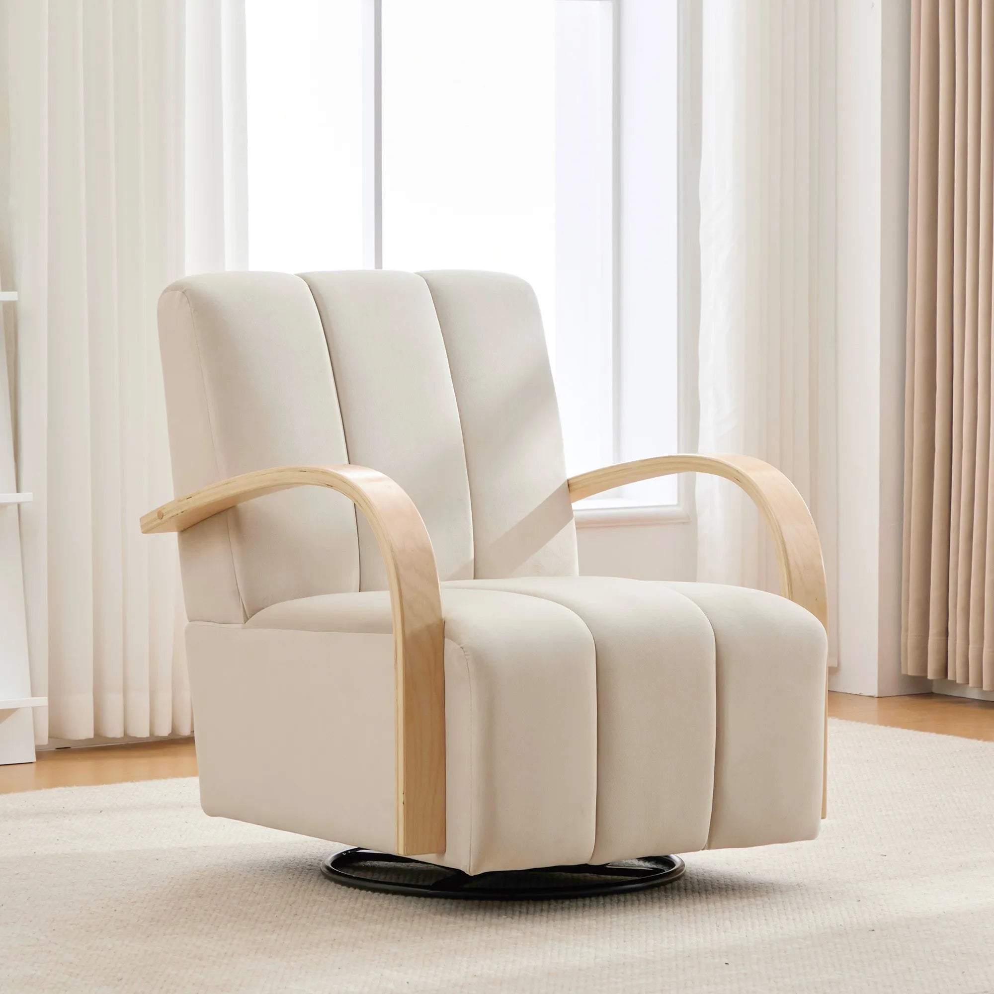 Modern Velvet 360° Swivel Accent Chair with Wood Armrests