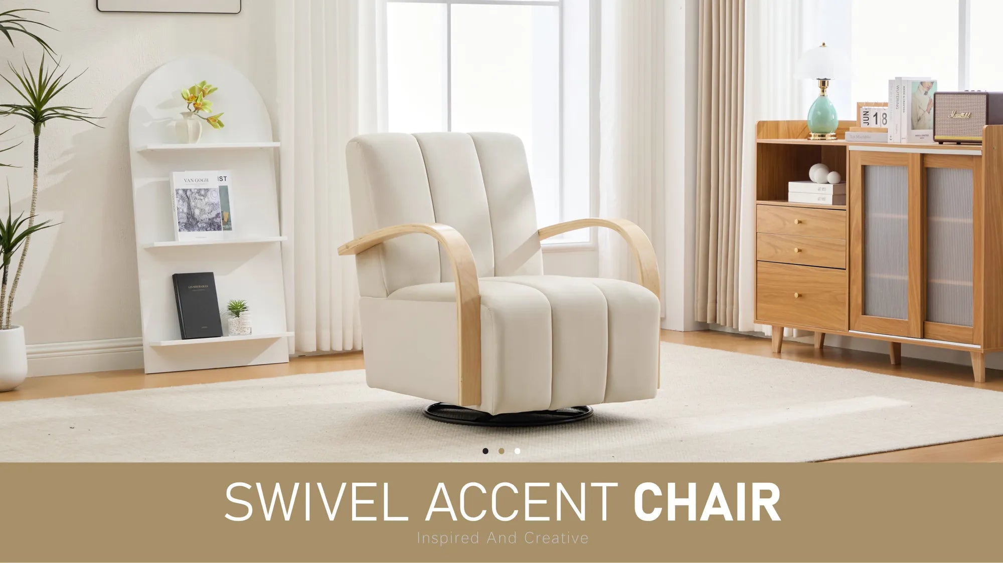 Modern Velvet 360° Swivel Accent Chair with Wood Armrests