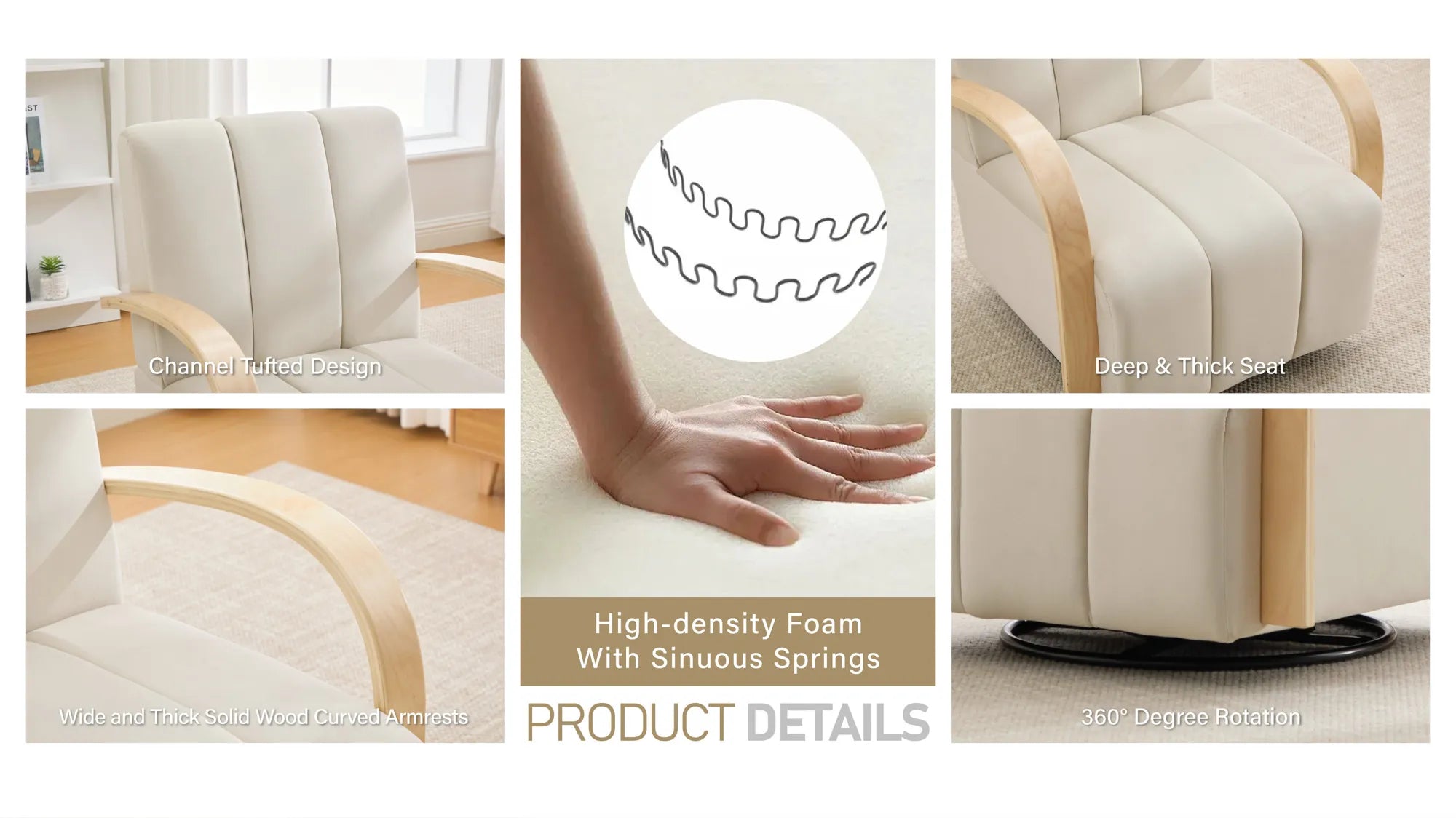 Modern Velvet 360° Swivel Accent Chair with Wood Armrests