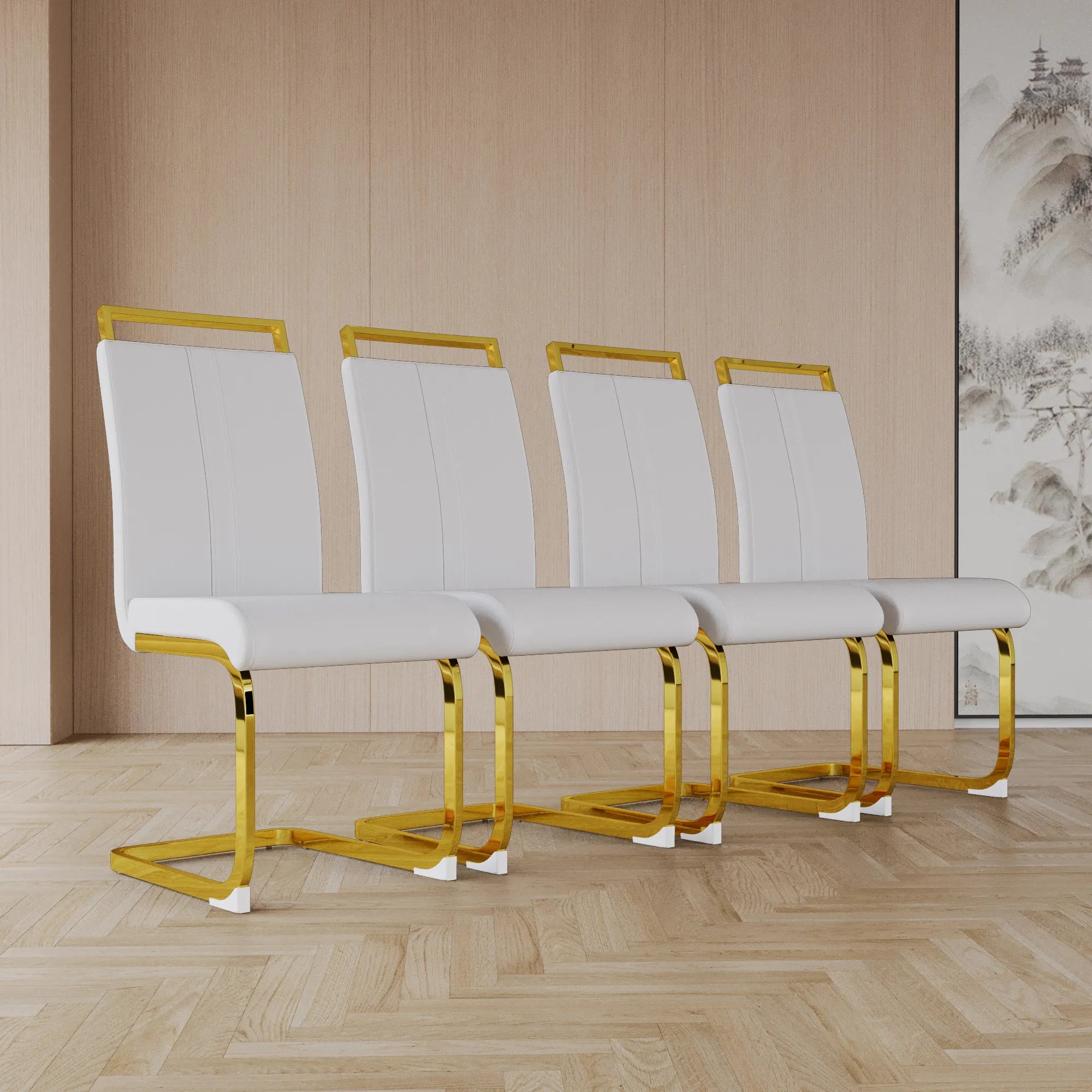Modern White PU Leather Dining Chair Set With High Back And C-shaped Base