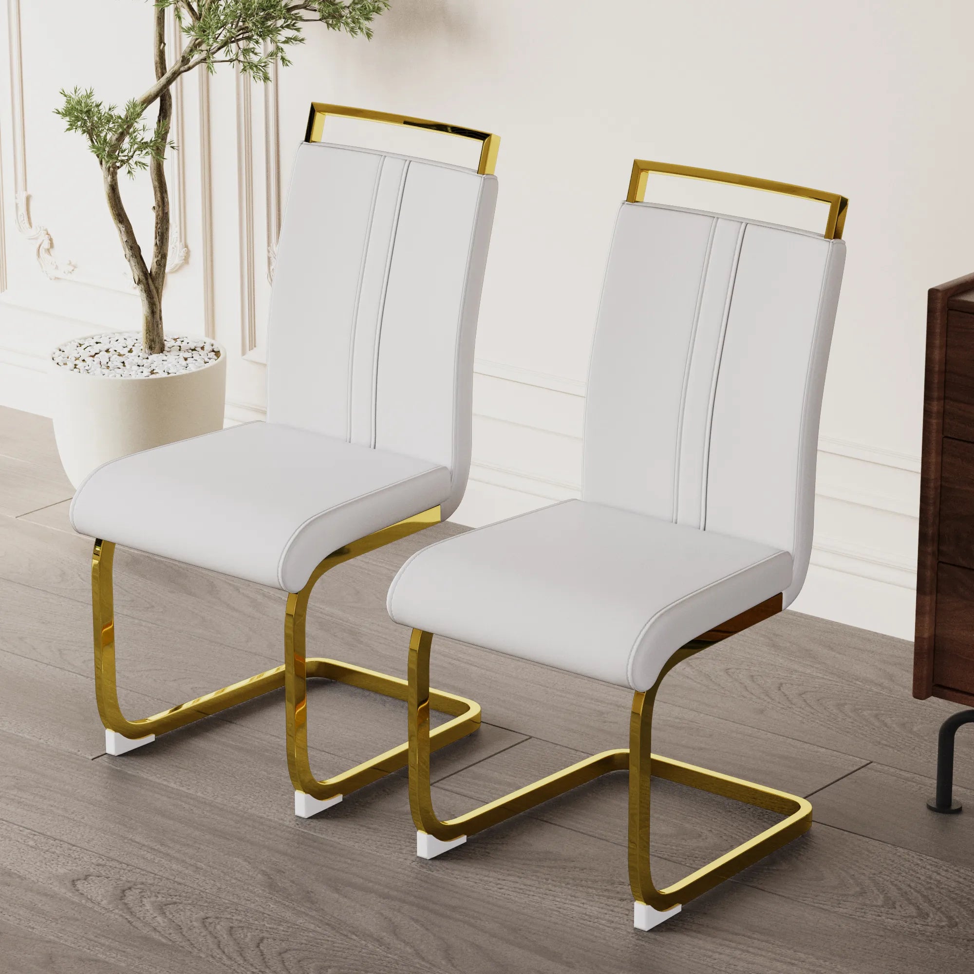 Modern White PU Leather Dining Chair Set With High Back And C-shaped Base