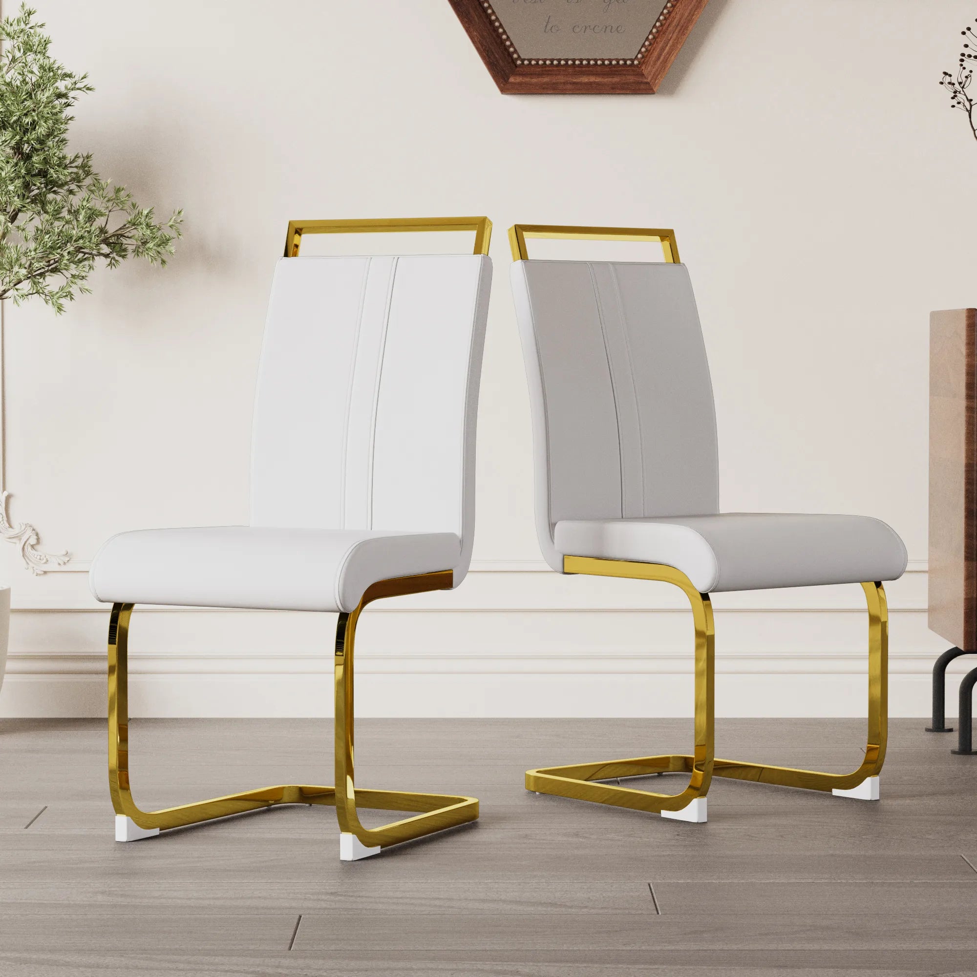 Modern White PU Leather Dining Chair Set With High Back And C-shaped Base