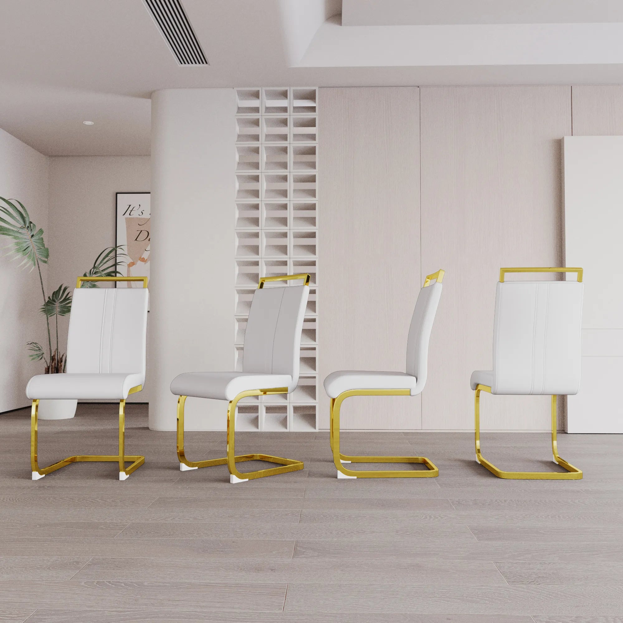Modern White PU Leather Dining Chair Set With High Back And C-shaped Base