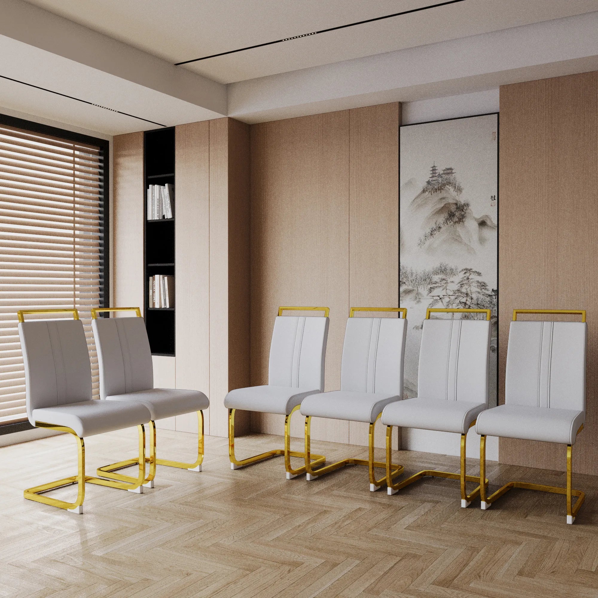 Modern White PU Leather Dining Chair Set With High Back And C-shaped Base