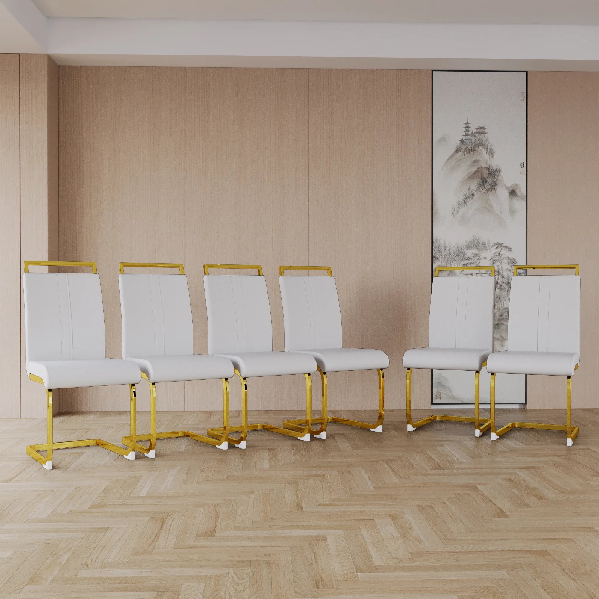 Modern White PU Leather Dining Chair Set With High Back And C-shaped Base