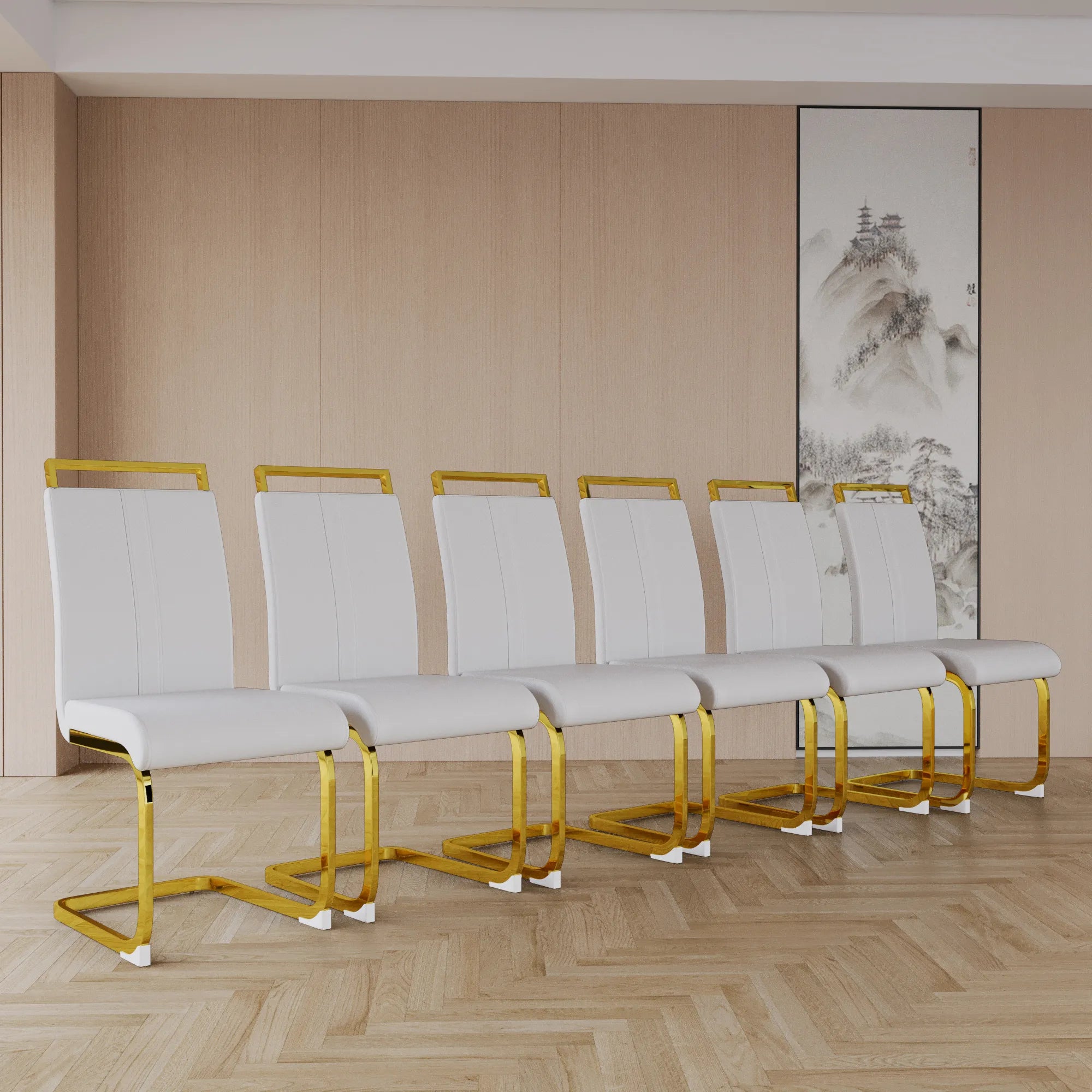 Modern White PU Leather Dining Chair Set With High Back And C-shaped Base