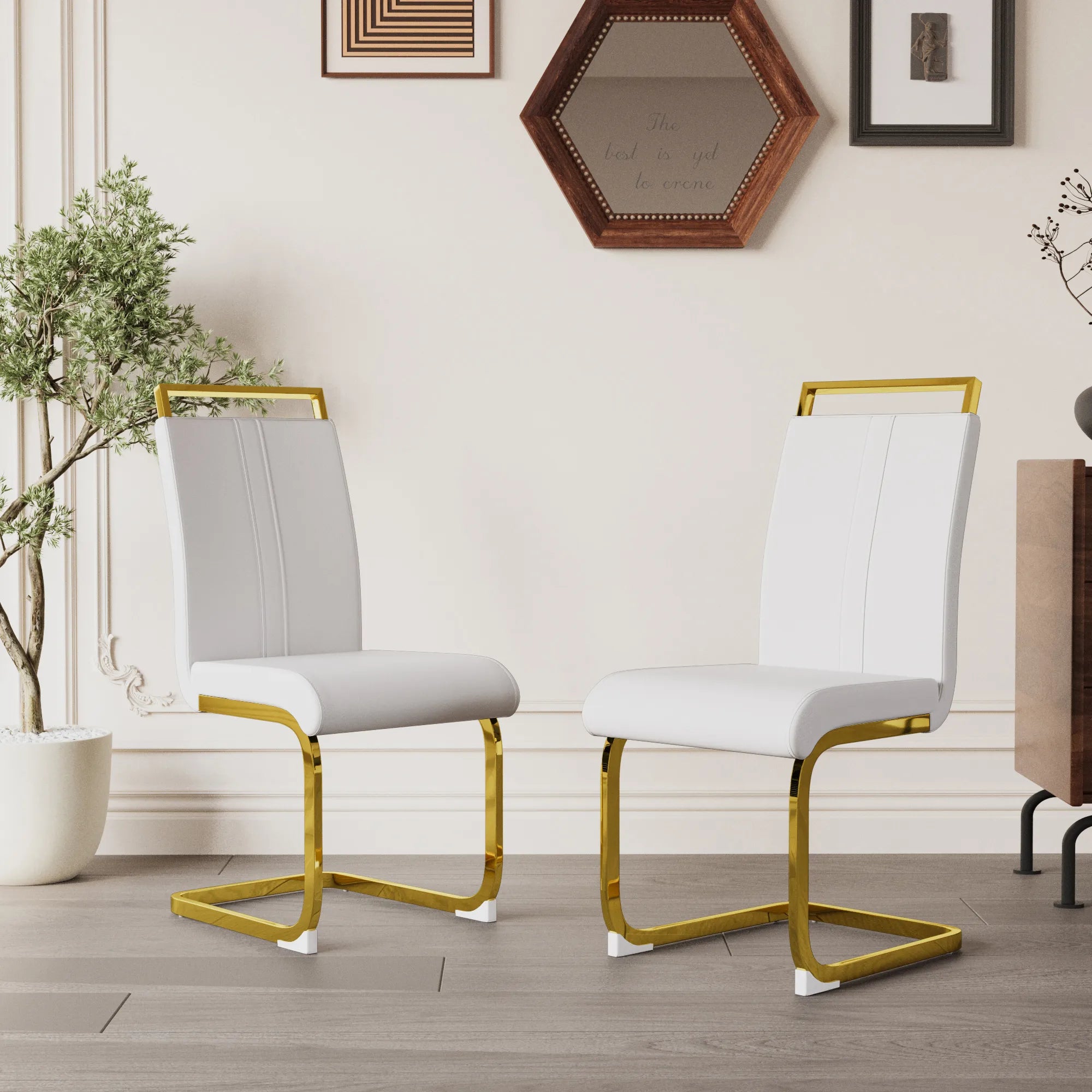 Modern White PU Leather Dining Chair Set With High Back And C-shaped Base