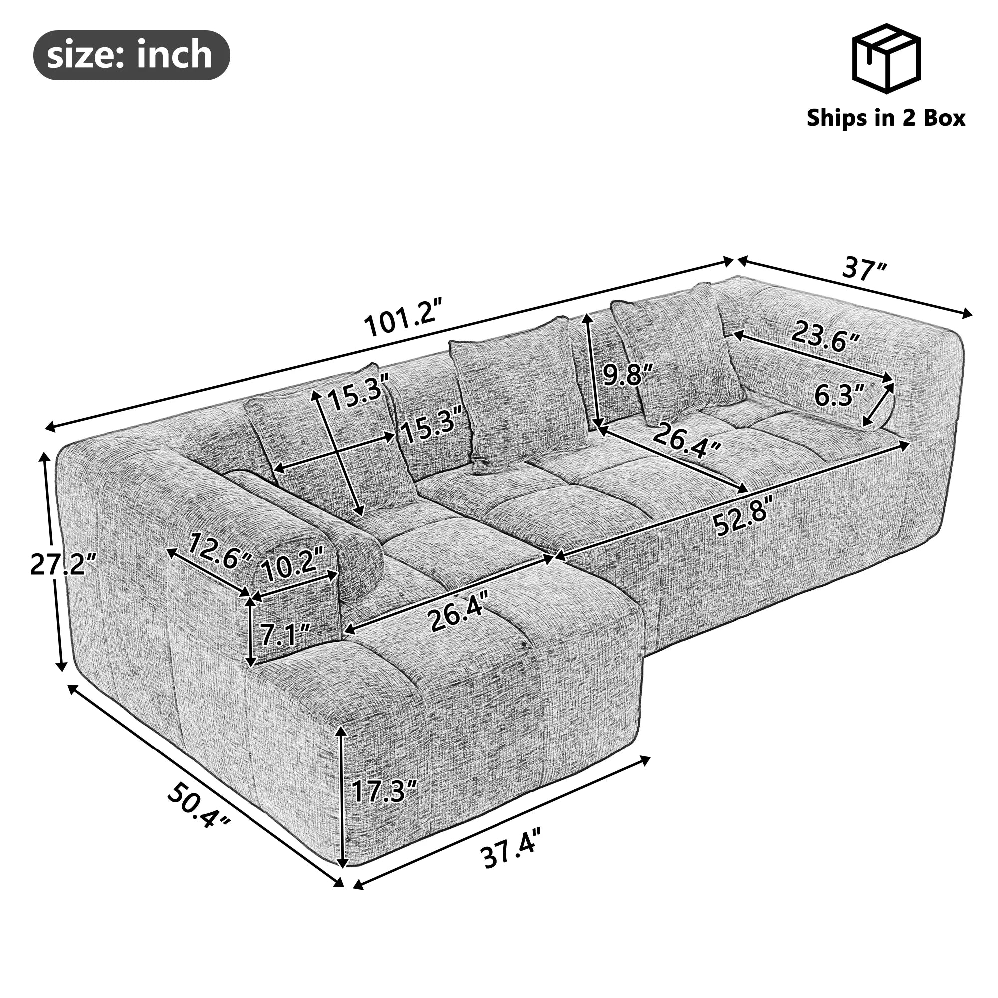 Modern 101” Modular Compressed Sofa with Deep Seats