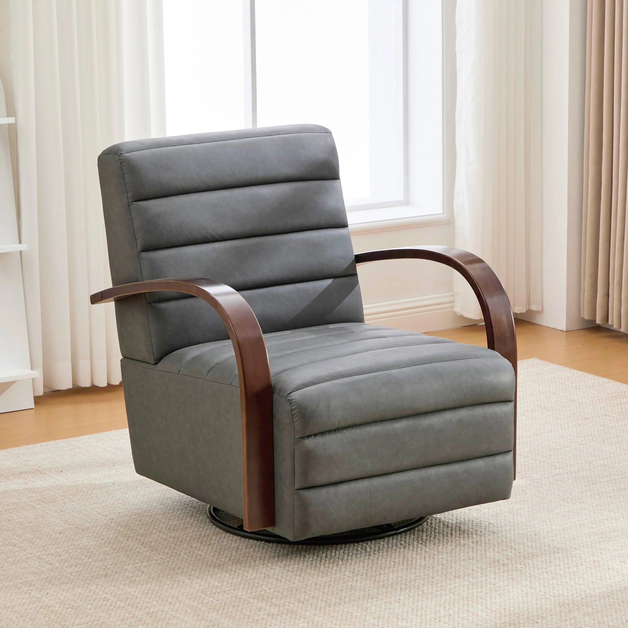 Modern 360° Swivel Accent Chair, PU Leather with Wood Armrests