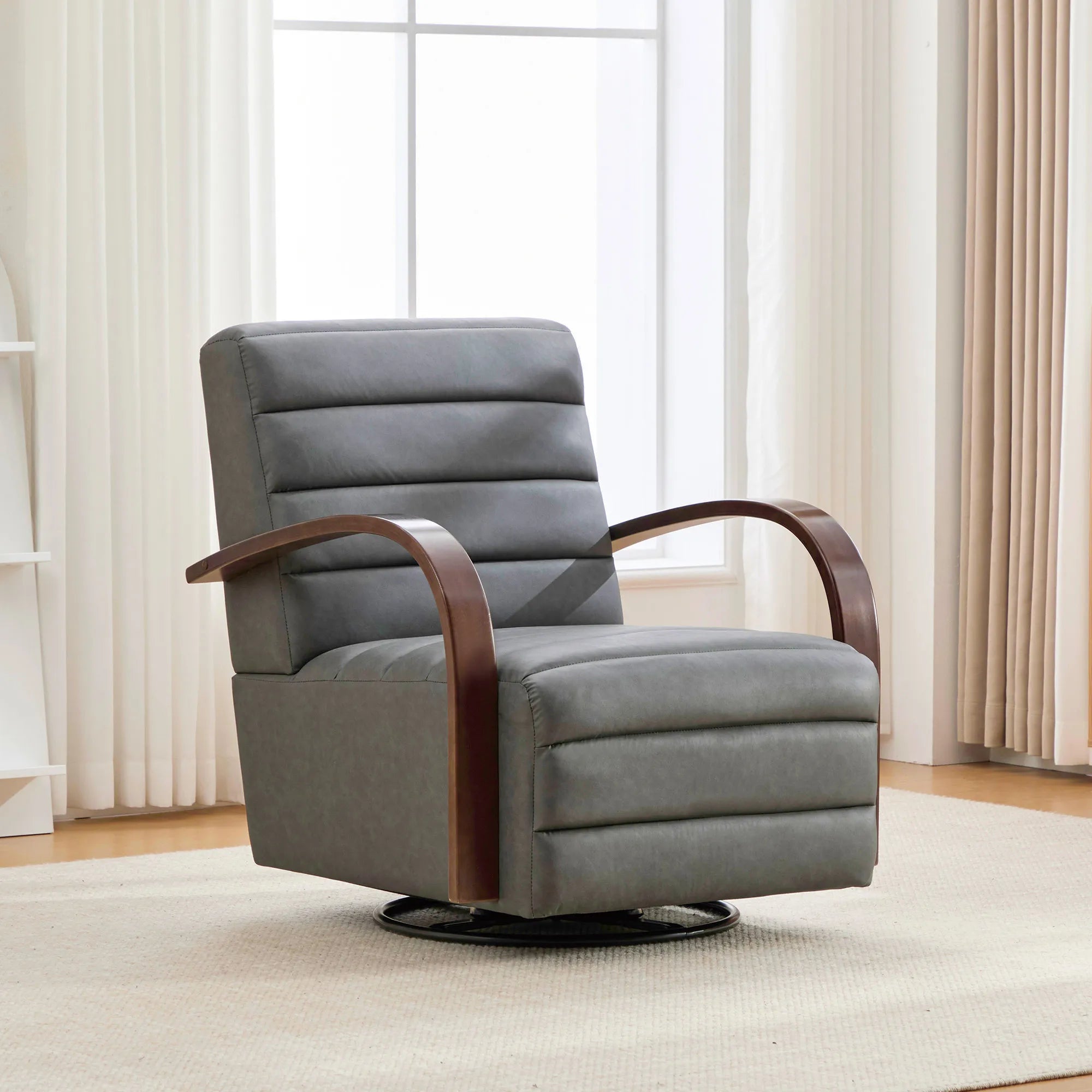 Modern 360° Swivel Accent Chair, PU Leather with Wood Armrests