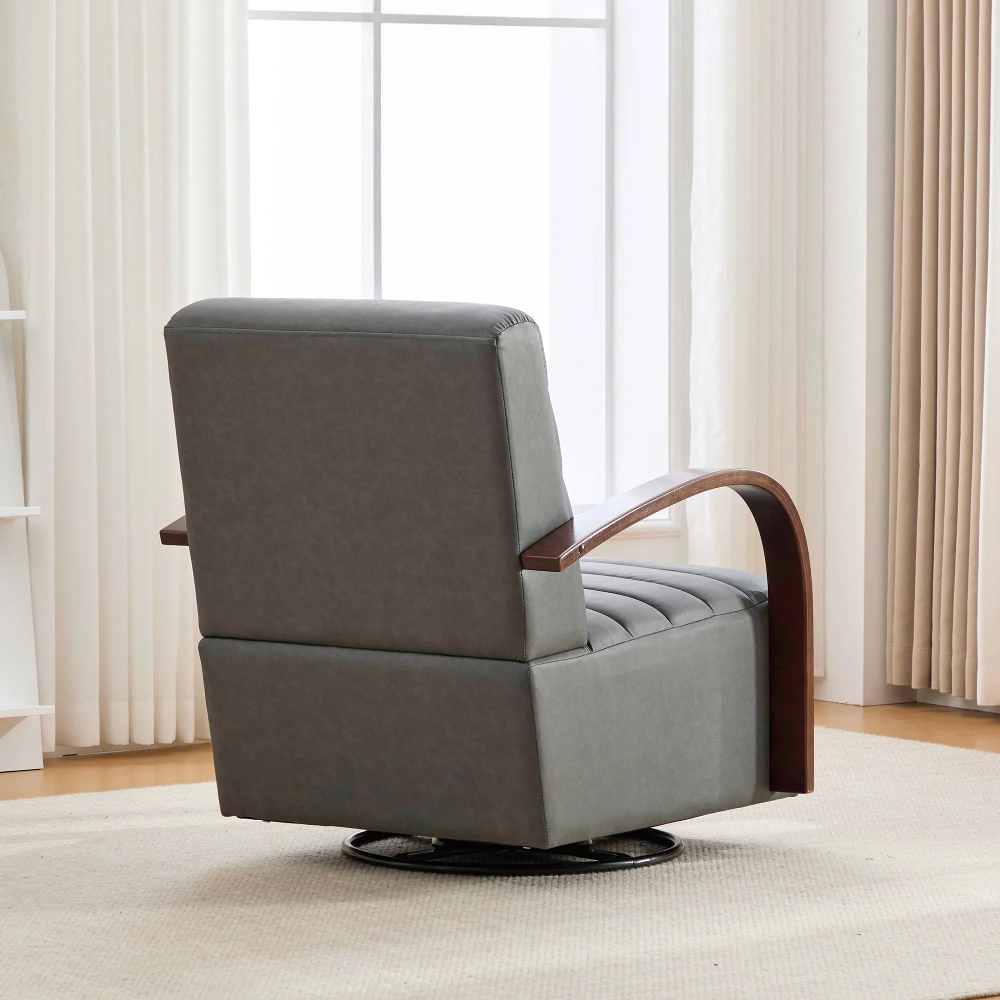 Modern 360° Swivel Accent Chair, PU Leather with Wood Armrests