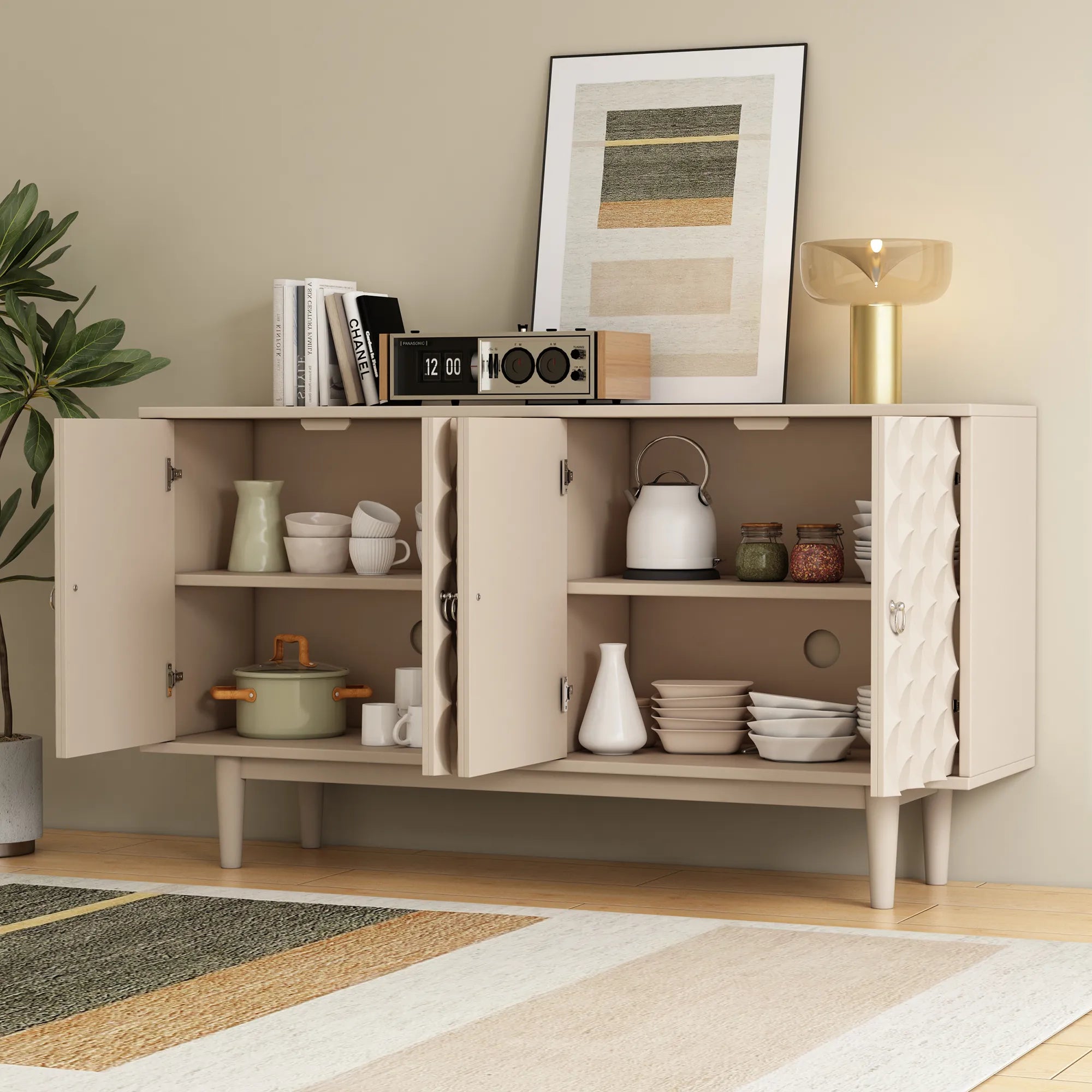 Modern 4-Door Sideboard with Convex Pattern Design