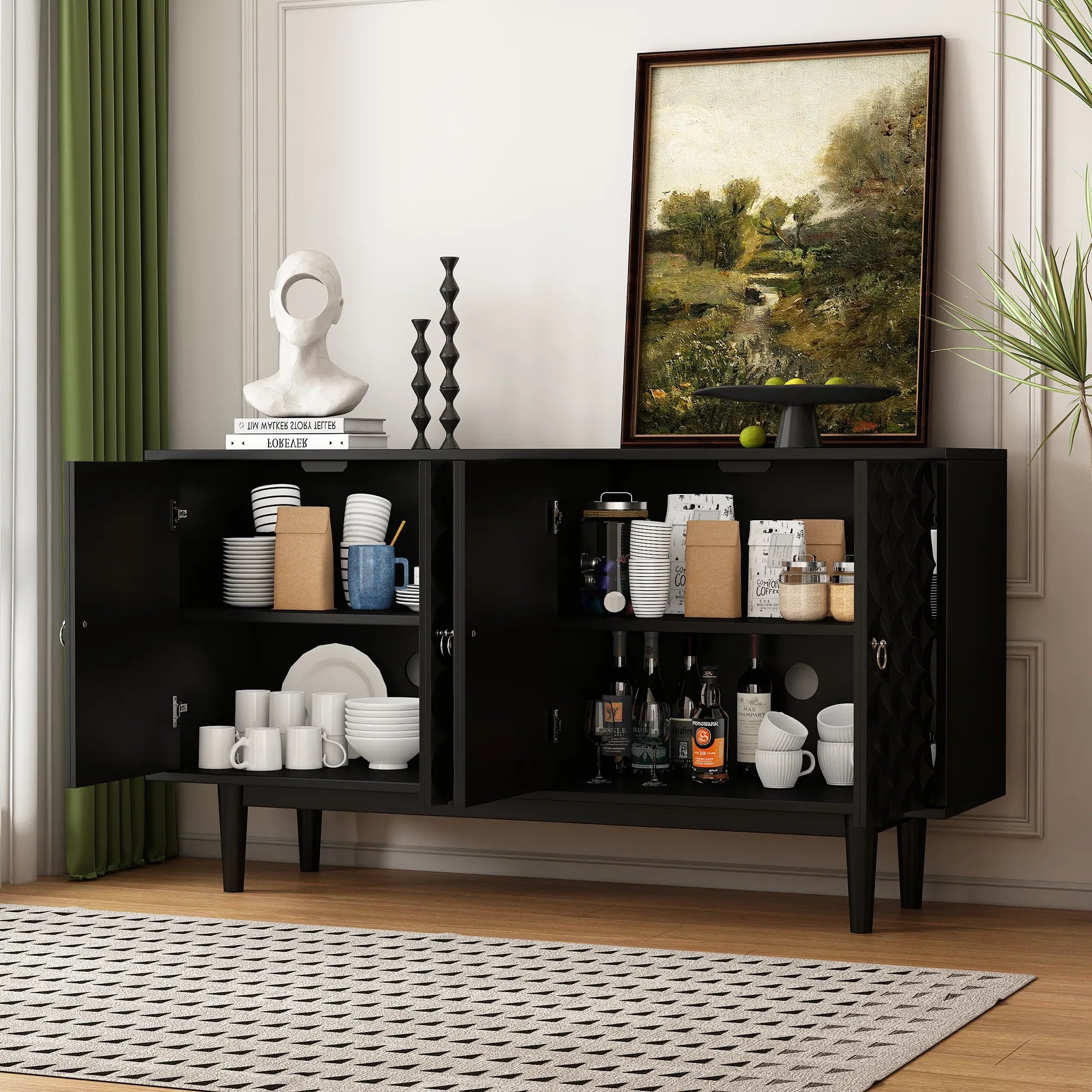 Modern 4-Door Sideboard with Convex Pattern Design