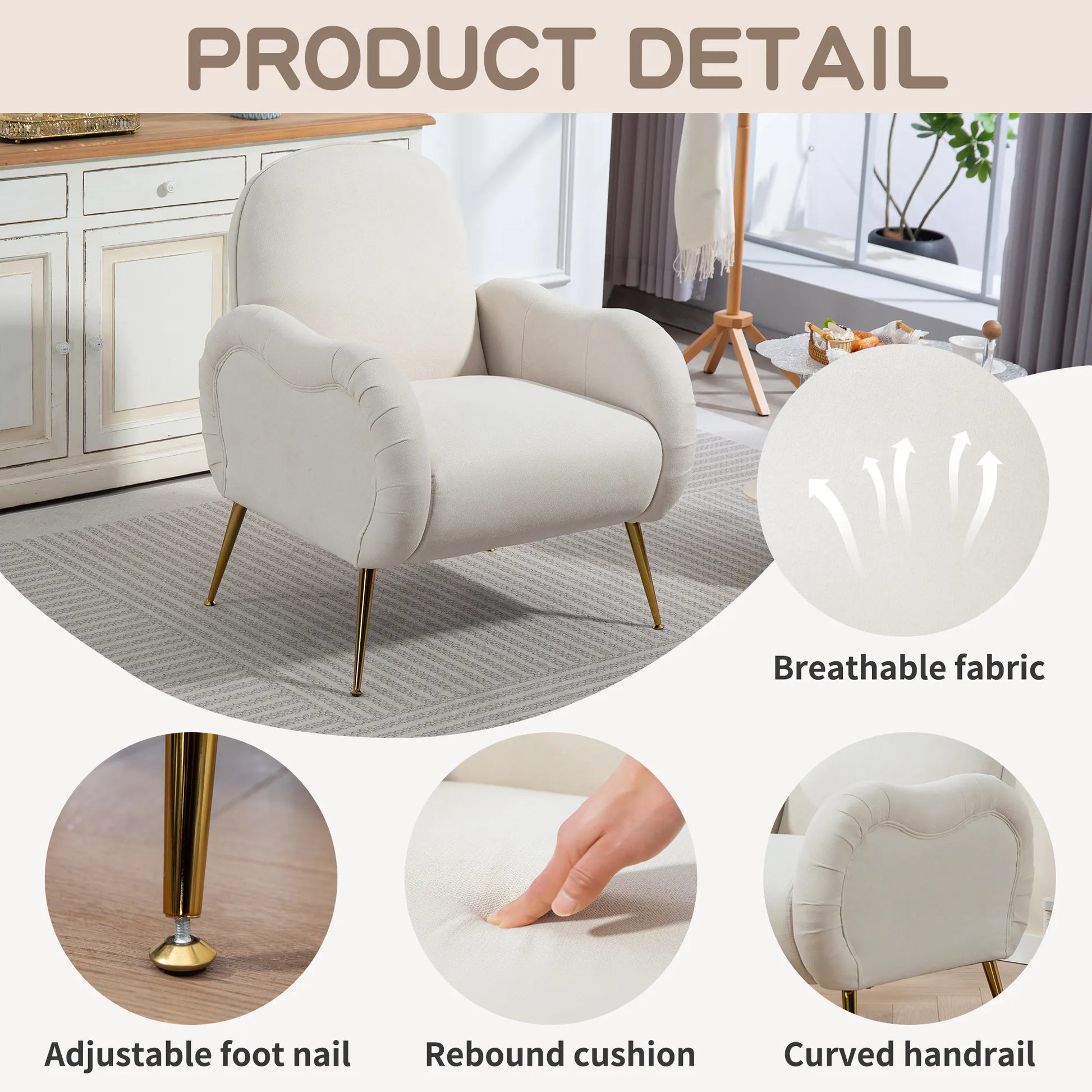 Modern Accent Armchair with Gold Metal Legs, Snowflake Fabric