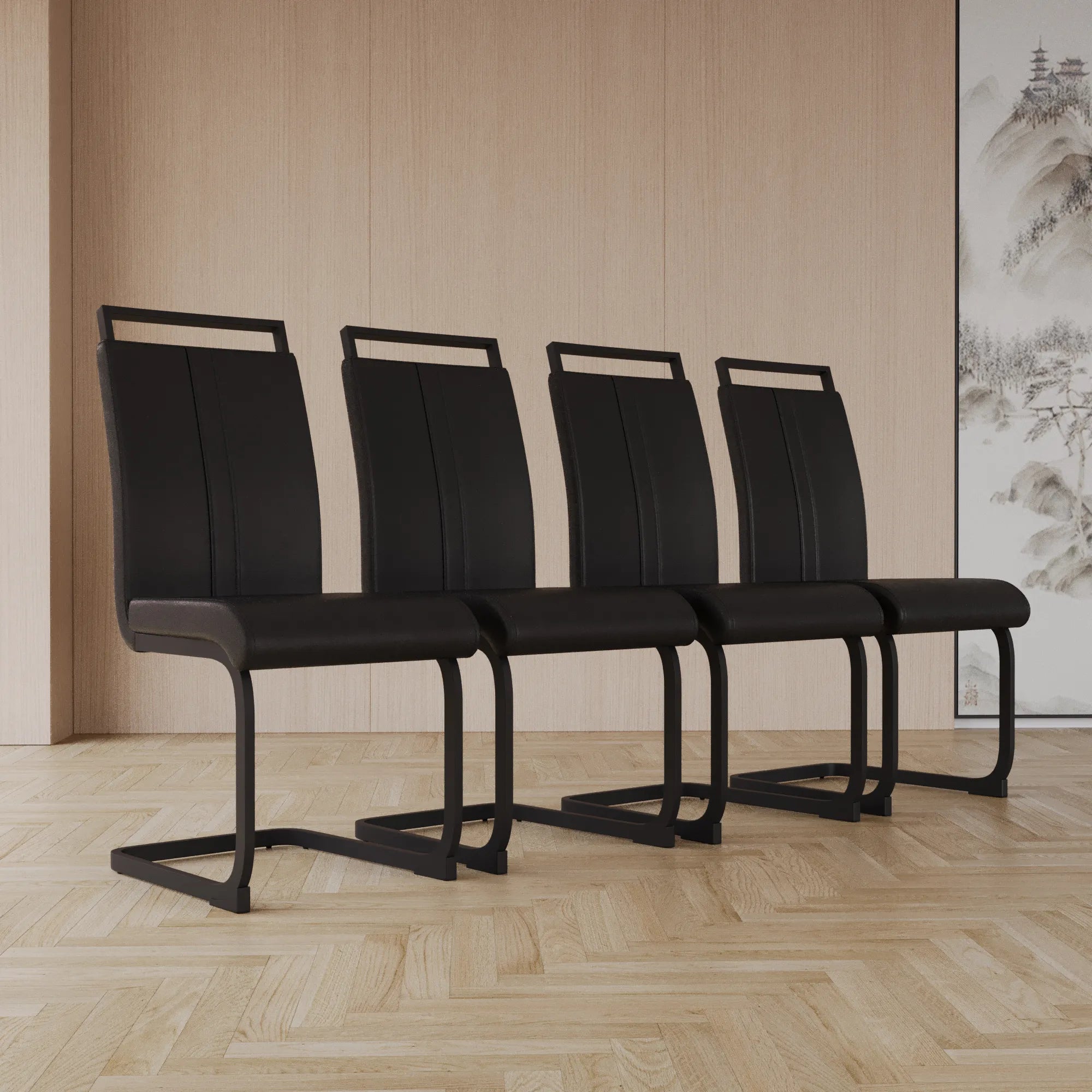 Modern Black PU Leather Dining Chair Set With High Back And C-shaped Base