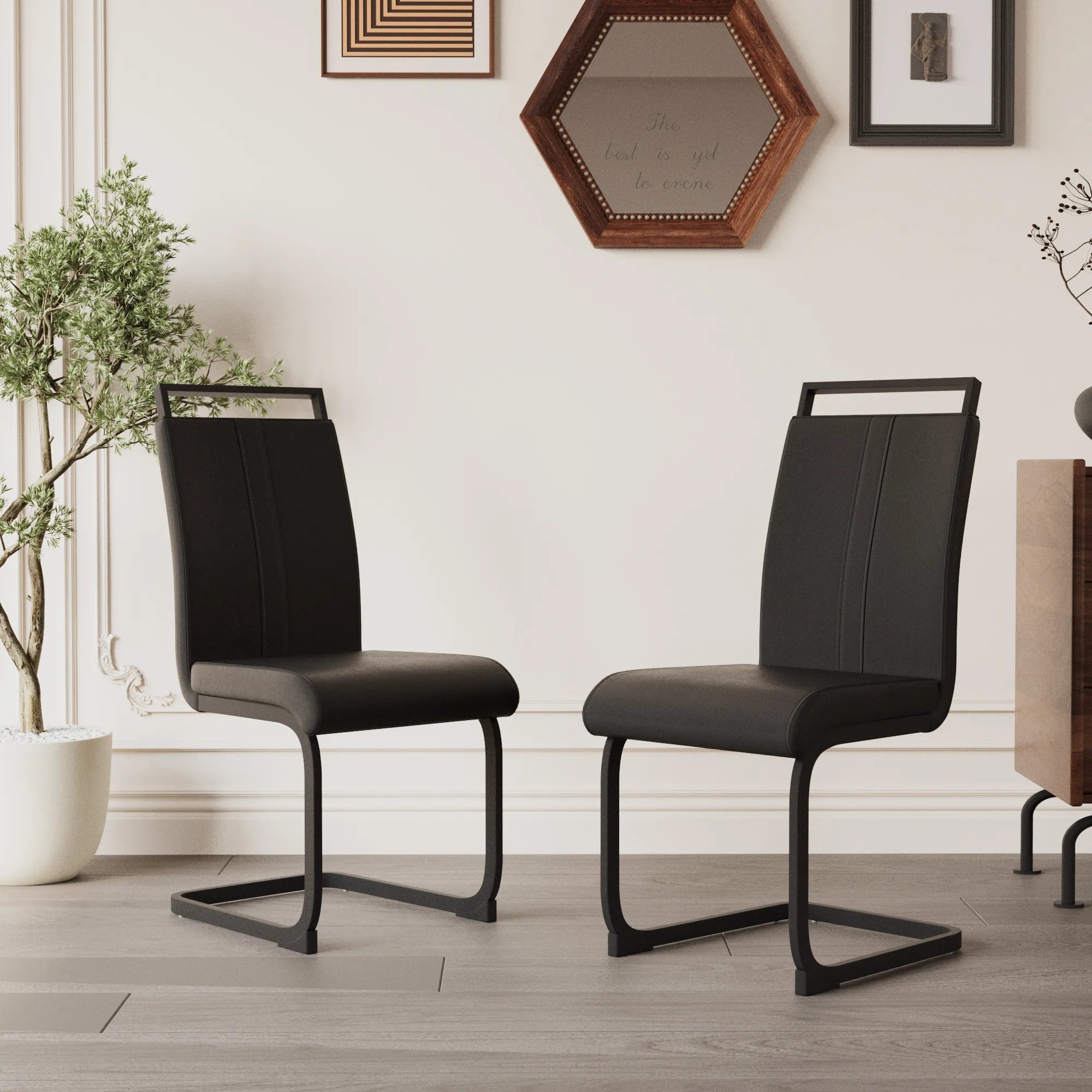 Modern Black PU Leather Dining Chair Set With High Back And C-shaped Base