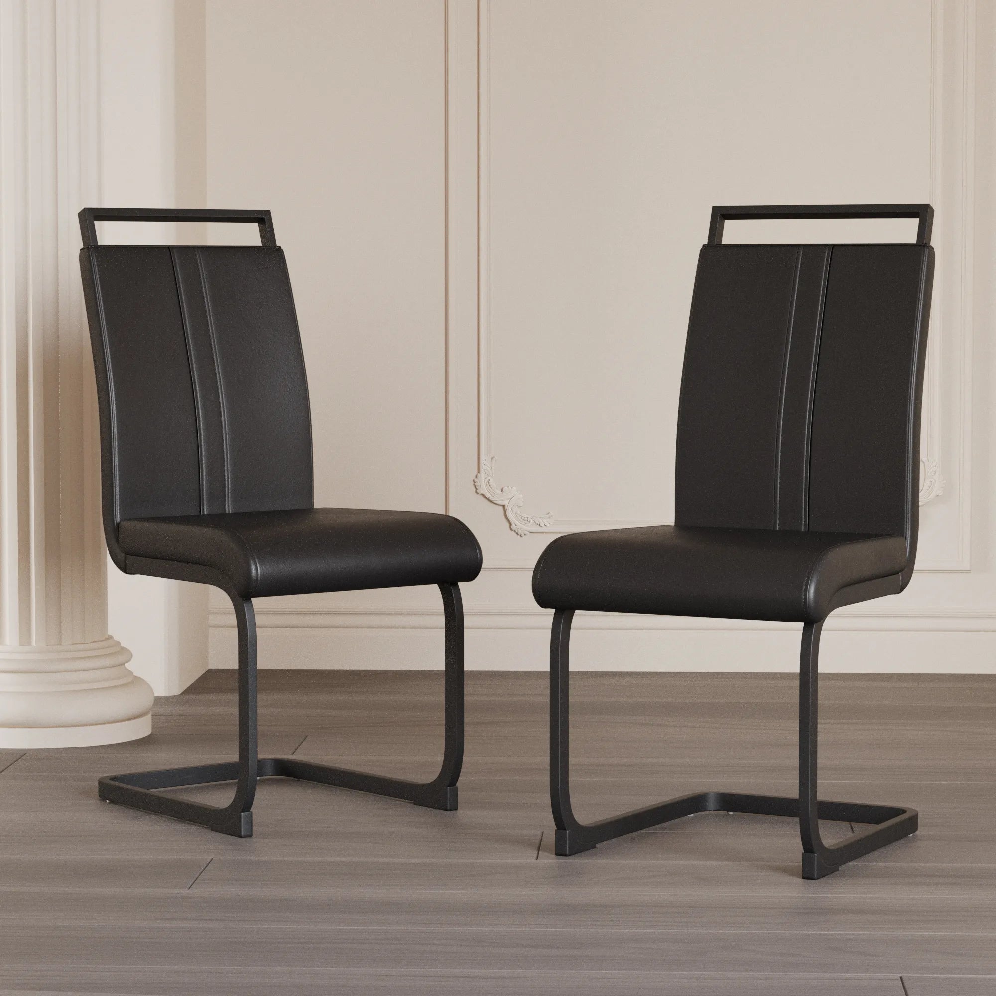 Modern Black PU Leather Dining Chair Set With High Back And C-shaped Base