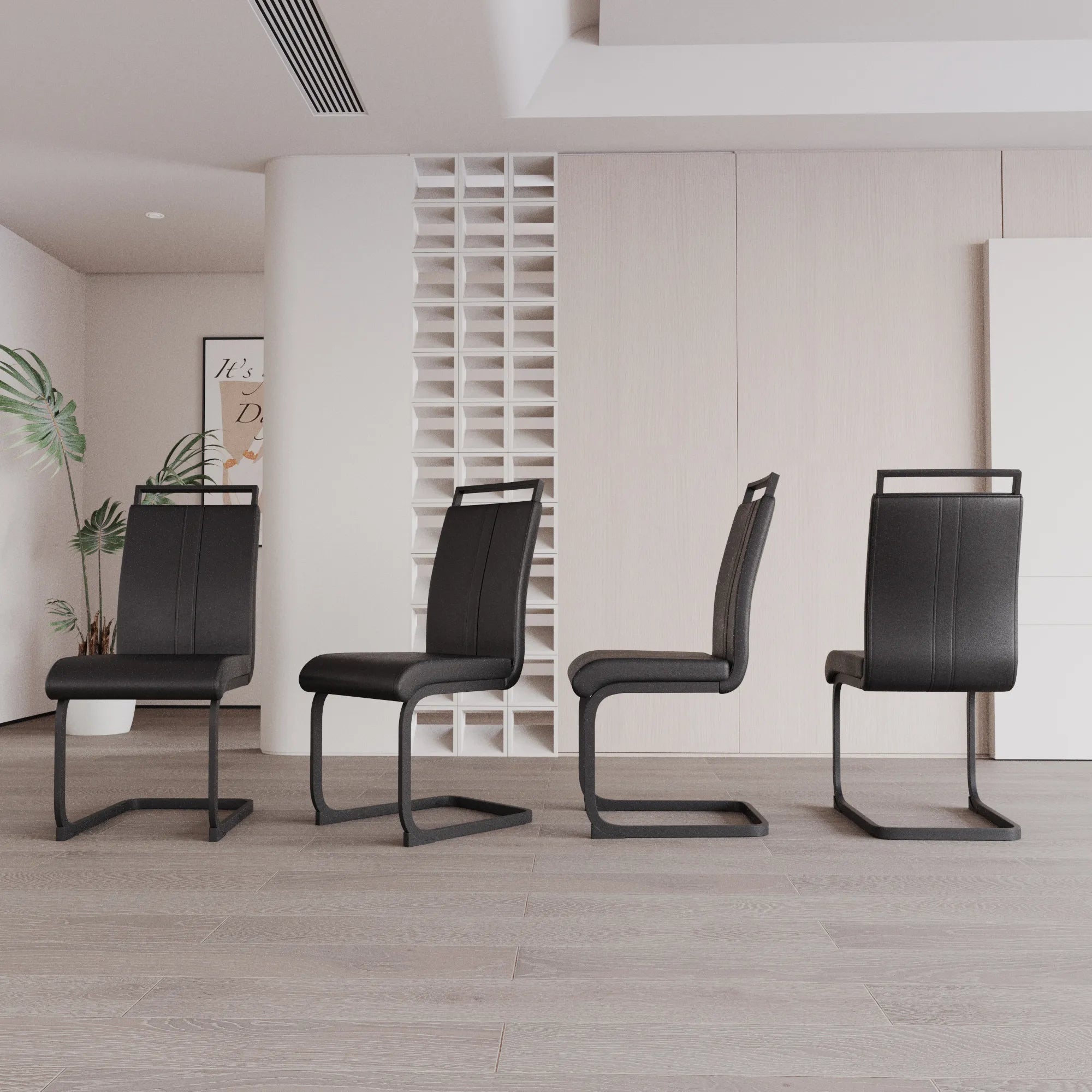 Modern Black PU Leather Dining Chair Set With High Back And C-shaped Base