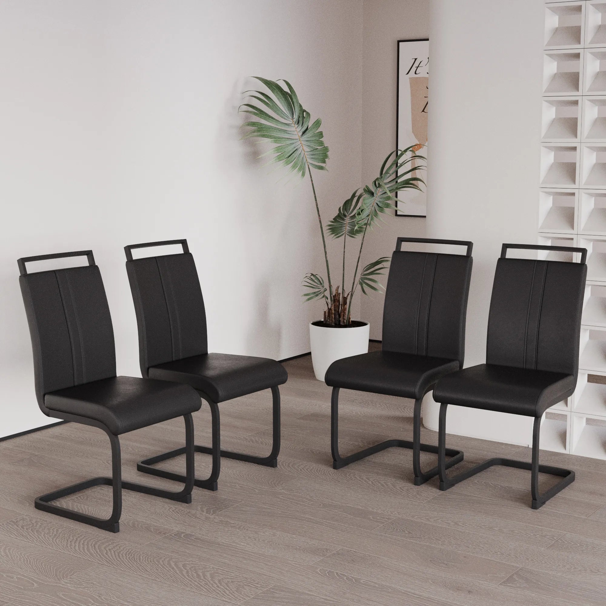 Modern Black PU Leather Dining Chair Set With High Back And C-shaped Base