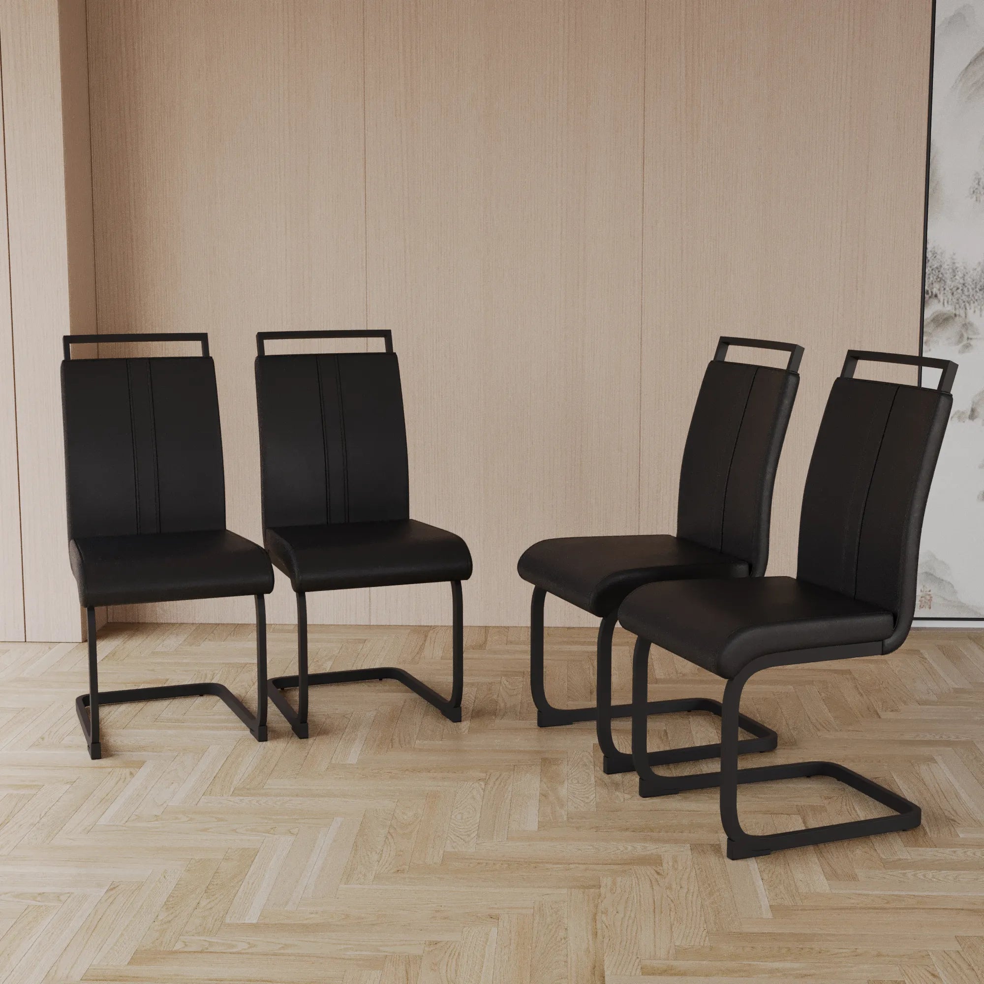 Modern Black PU Leather Dining Chair Set With High Back And C-shaped Base