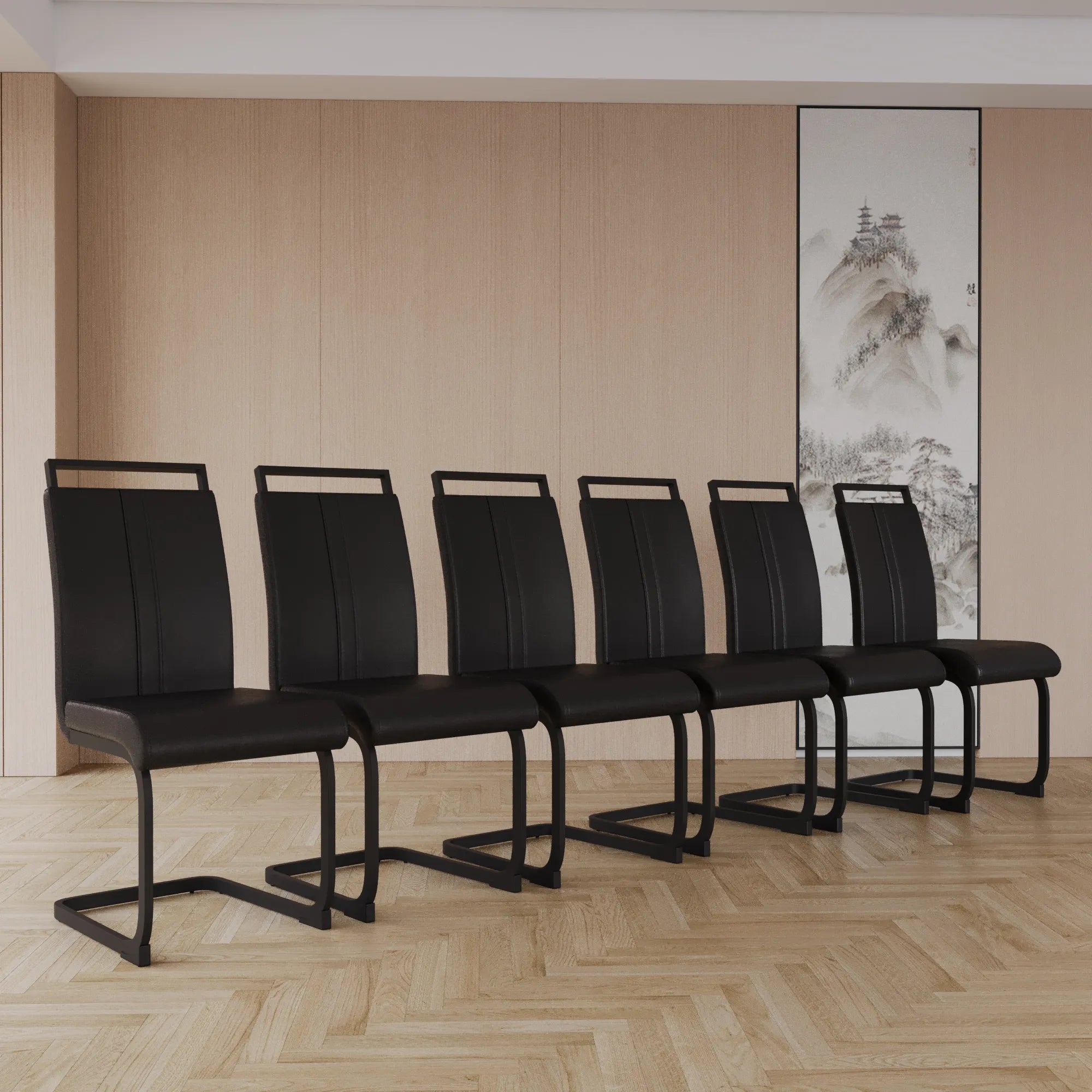 Modern Black PU Leather Dining Chair Set With High Back And C-shaped Base