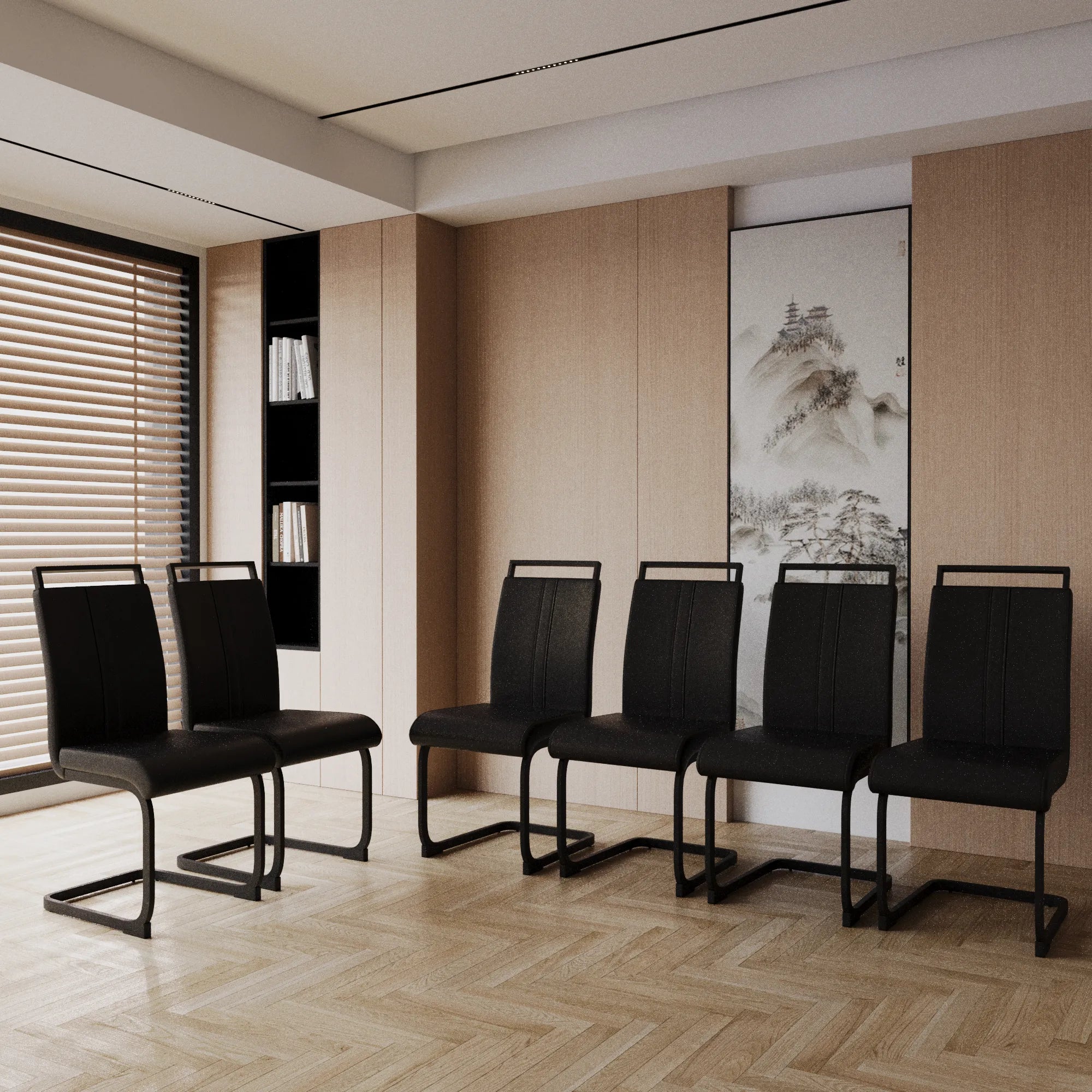 Modern Black PU Leather Dining Chair Set With High Back And C-shaped Base