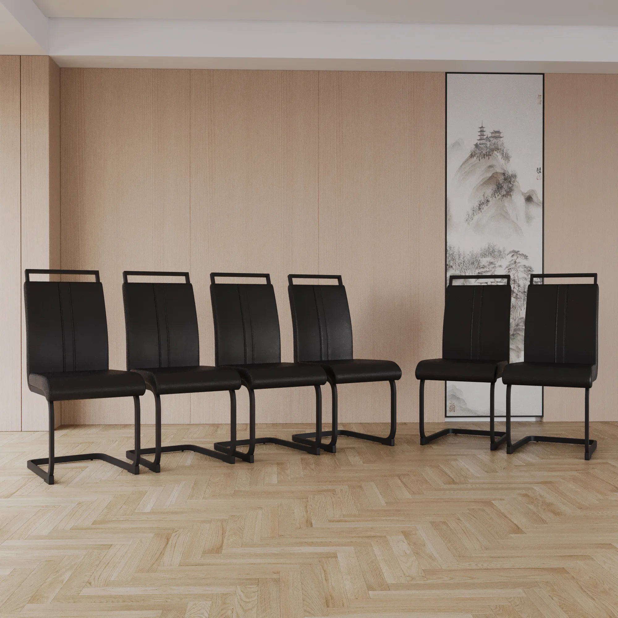 Modern Black PU Leather Dining Chair Set With High Back And C-shaped Base