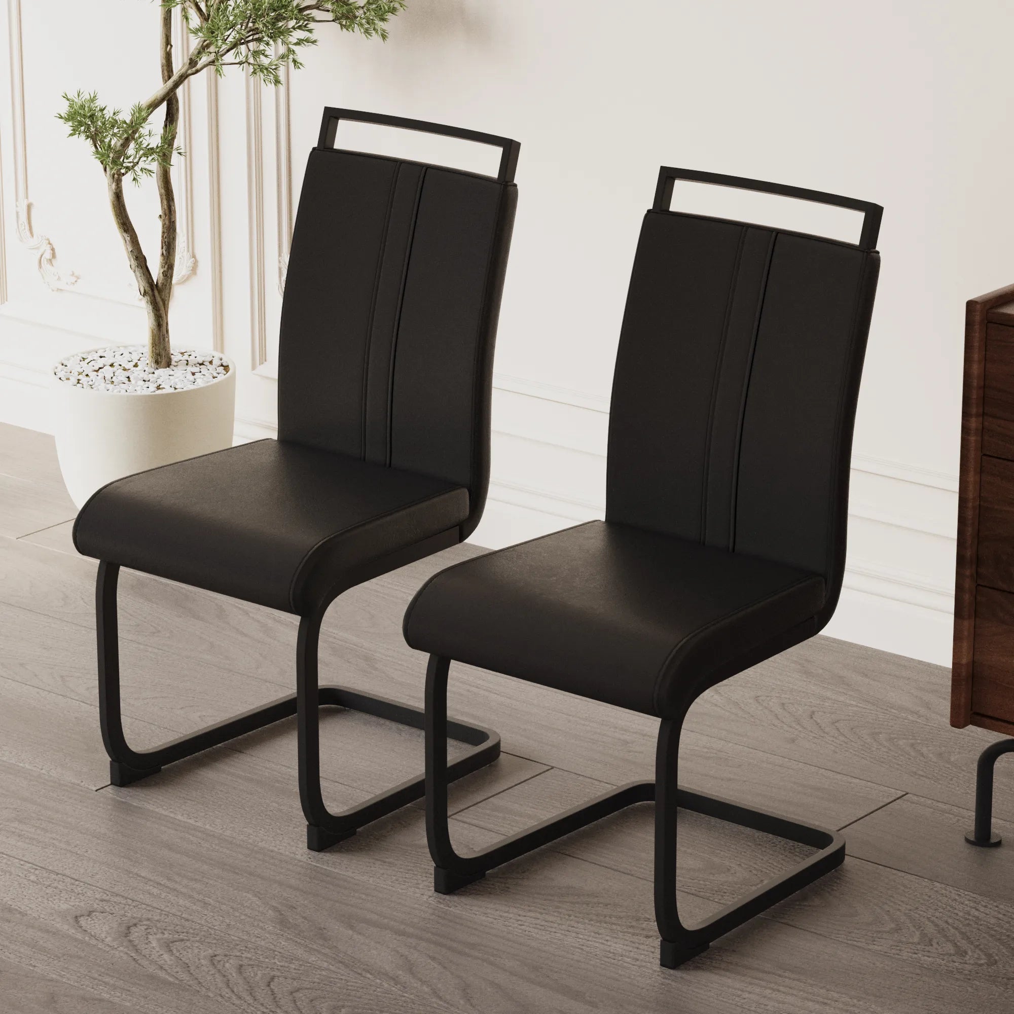 Modern Black PU Leather Dining Chair Set With High Back And C-shaped Base