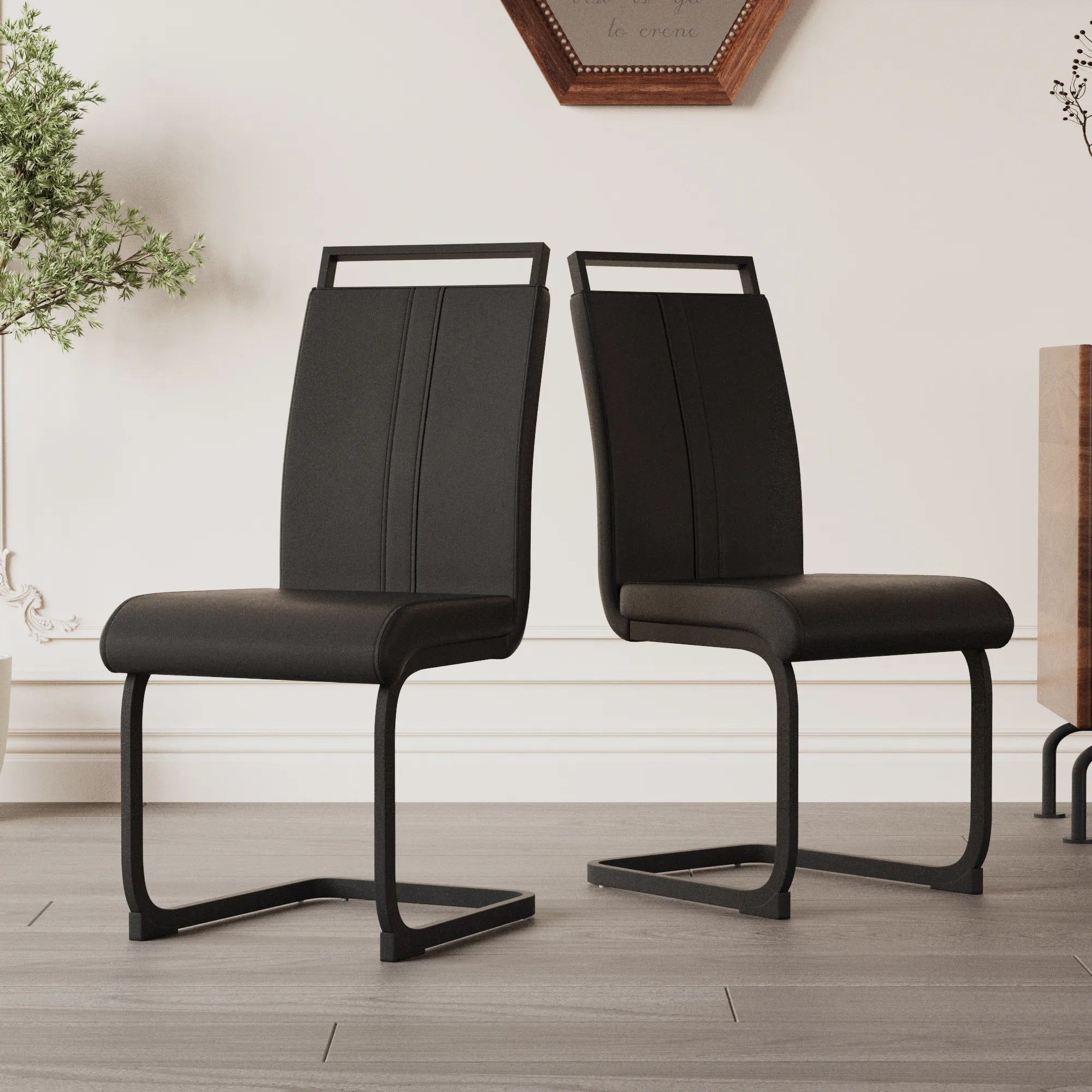 Modern Black PU Leather Dining Chair Set With High Back And C-shaped Base