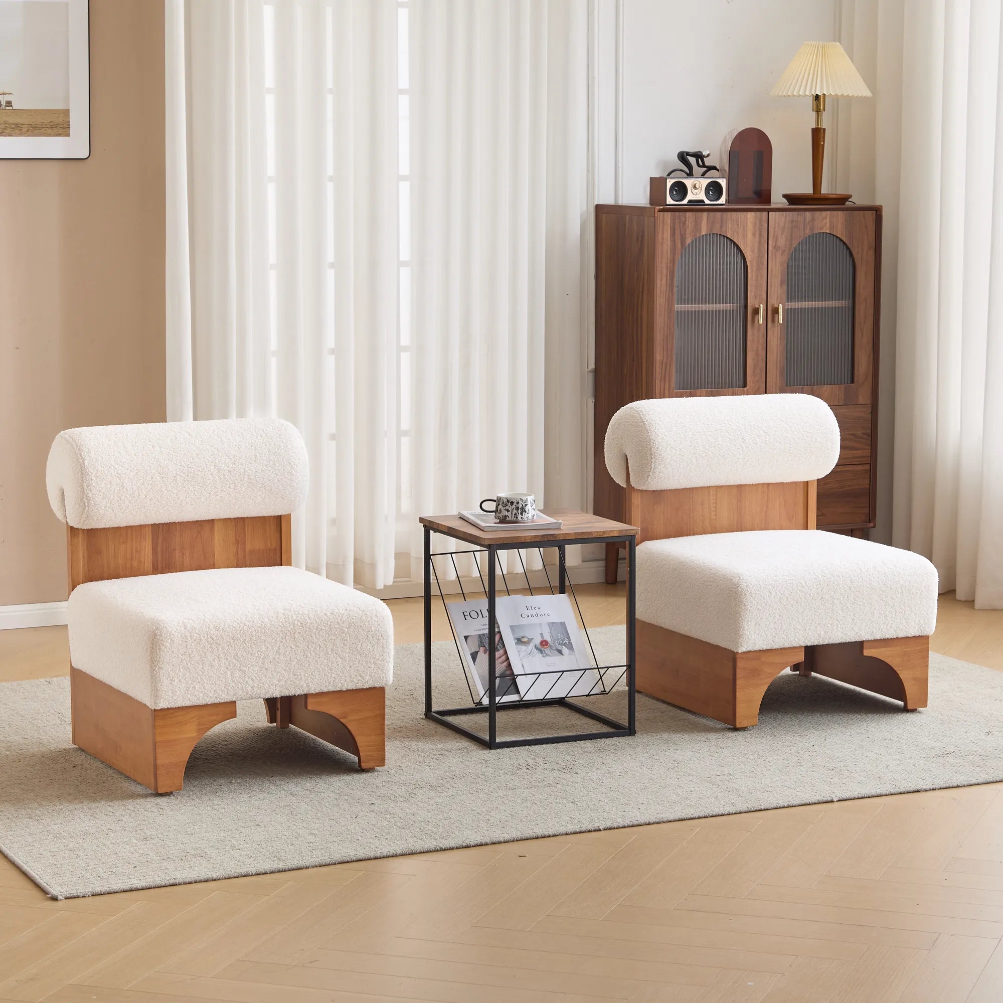Modern Boucle Soft Lounge Accent Chair with Solid Wood Frame and Rolled Backrest