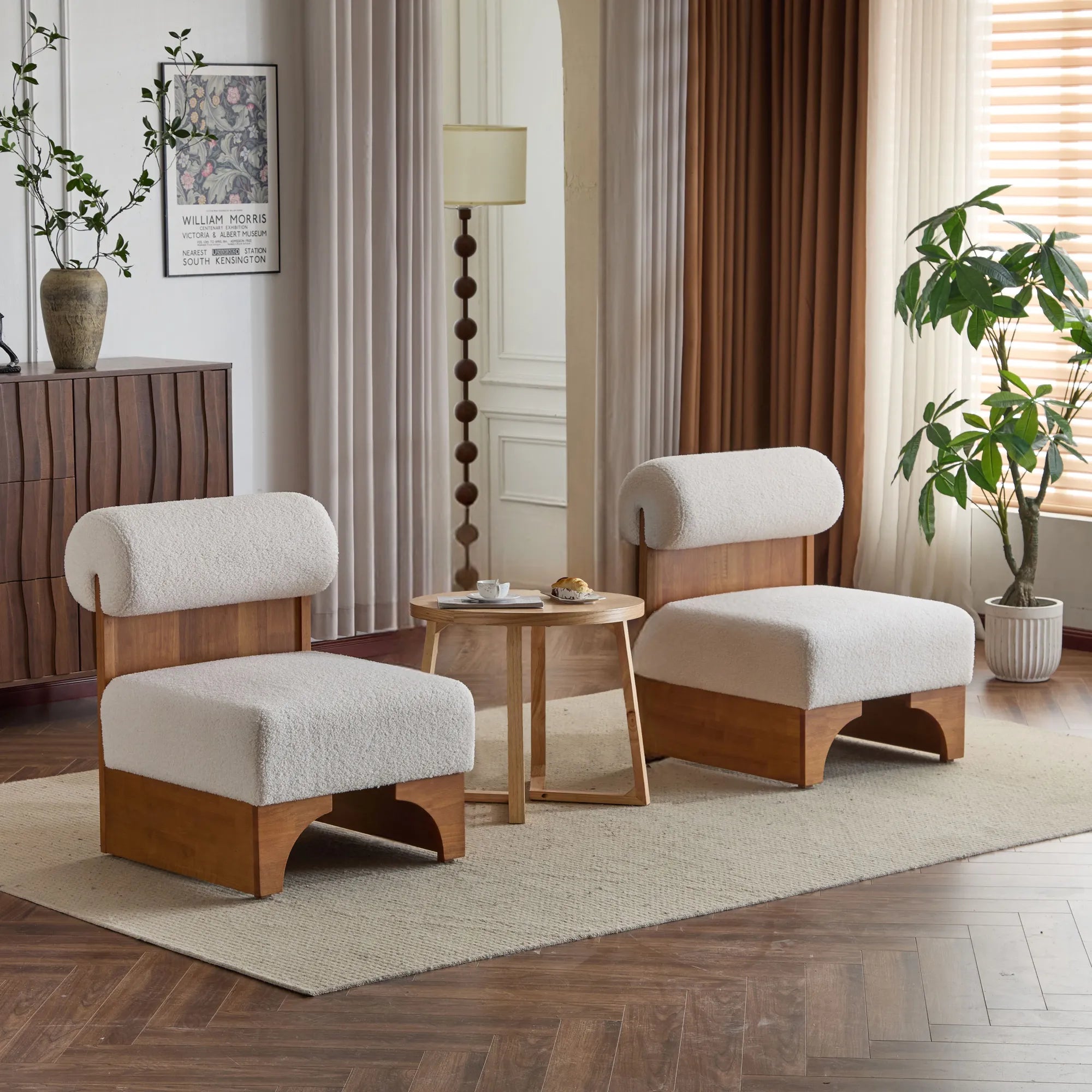 Modern Boucle Soft Lounge Accent Chair with Solid Wood Frame and Rolled Backrest