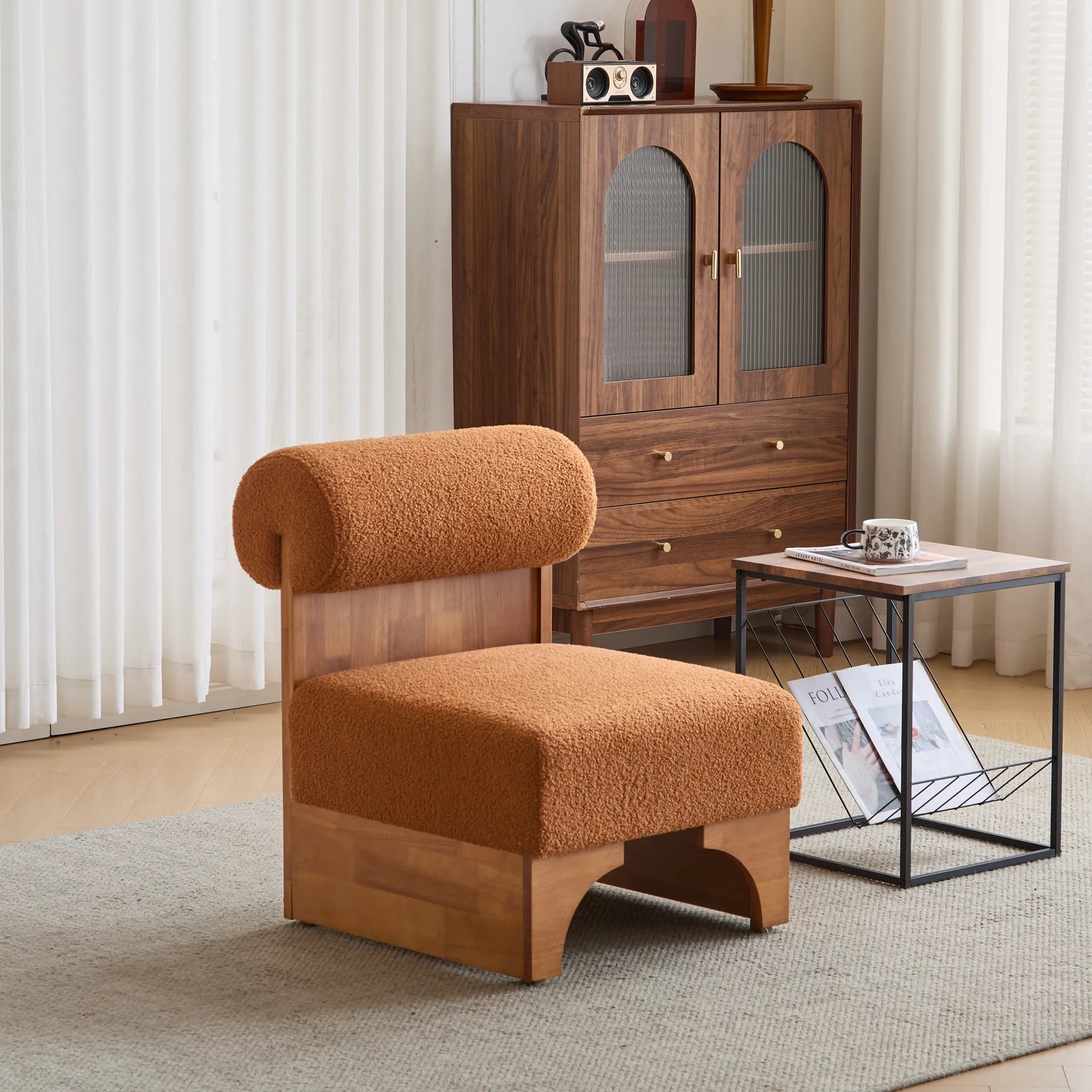 Modern Boucle Soft Lounge Accent Chair with Solid Wood Frame and Rolled Backrest