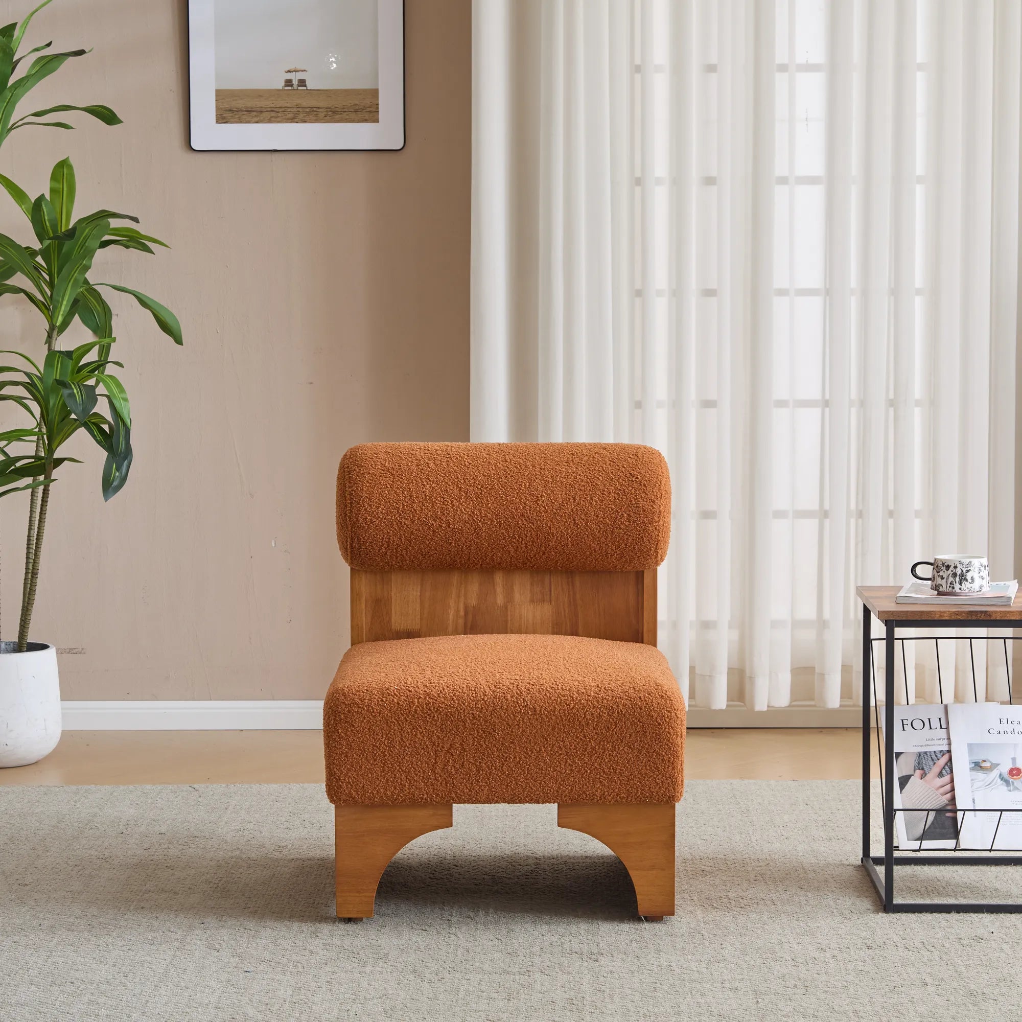 Modern Boucle Soft Lounge Accent Chair with Solid Wood Frame and Rolled Backrest