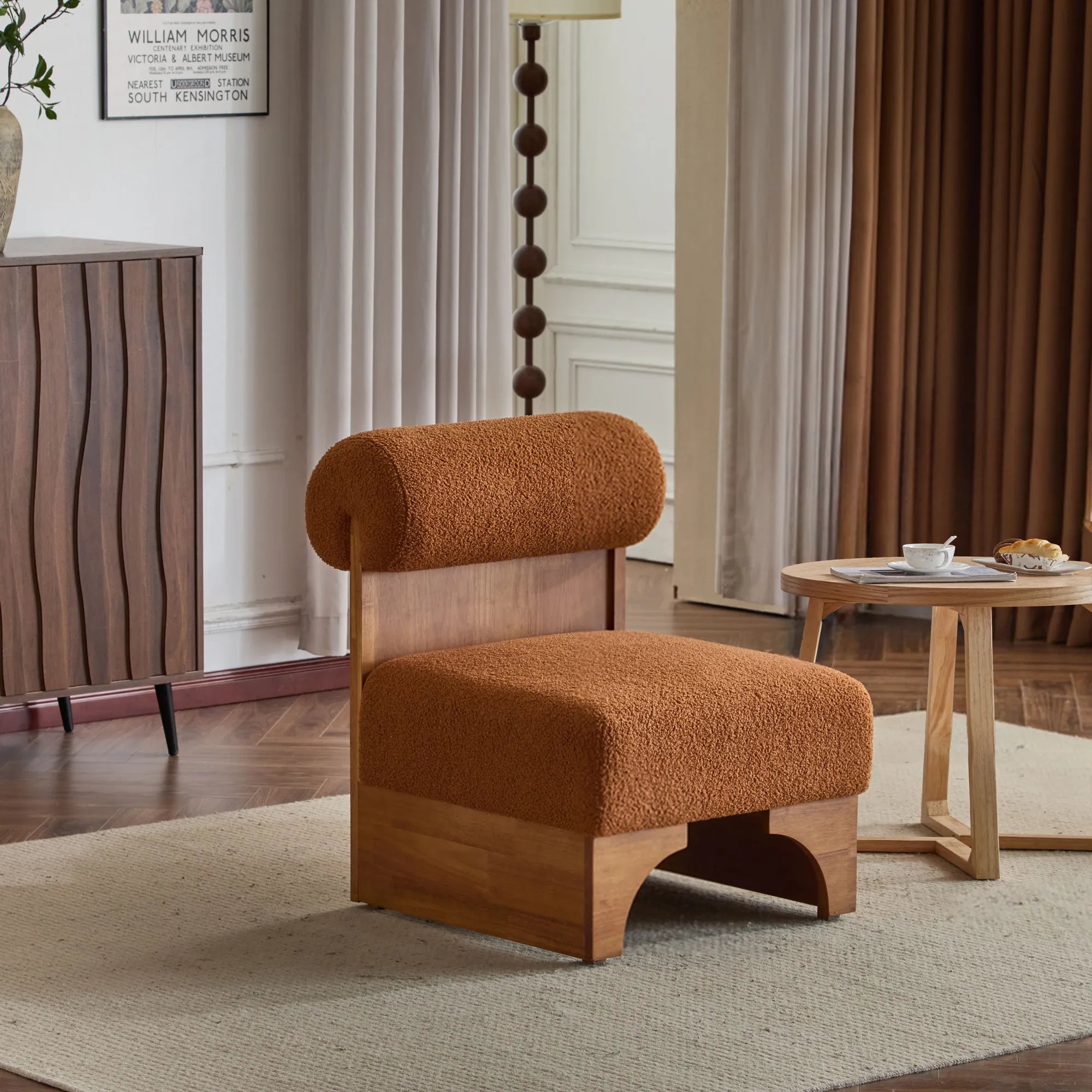 Modern Boucle Soft Lounge Accent Chair with Solid Wood Frame and Rolled Backrest