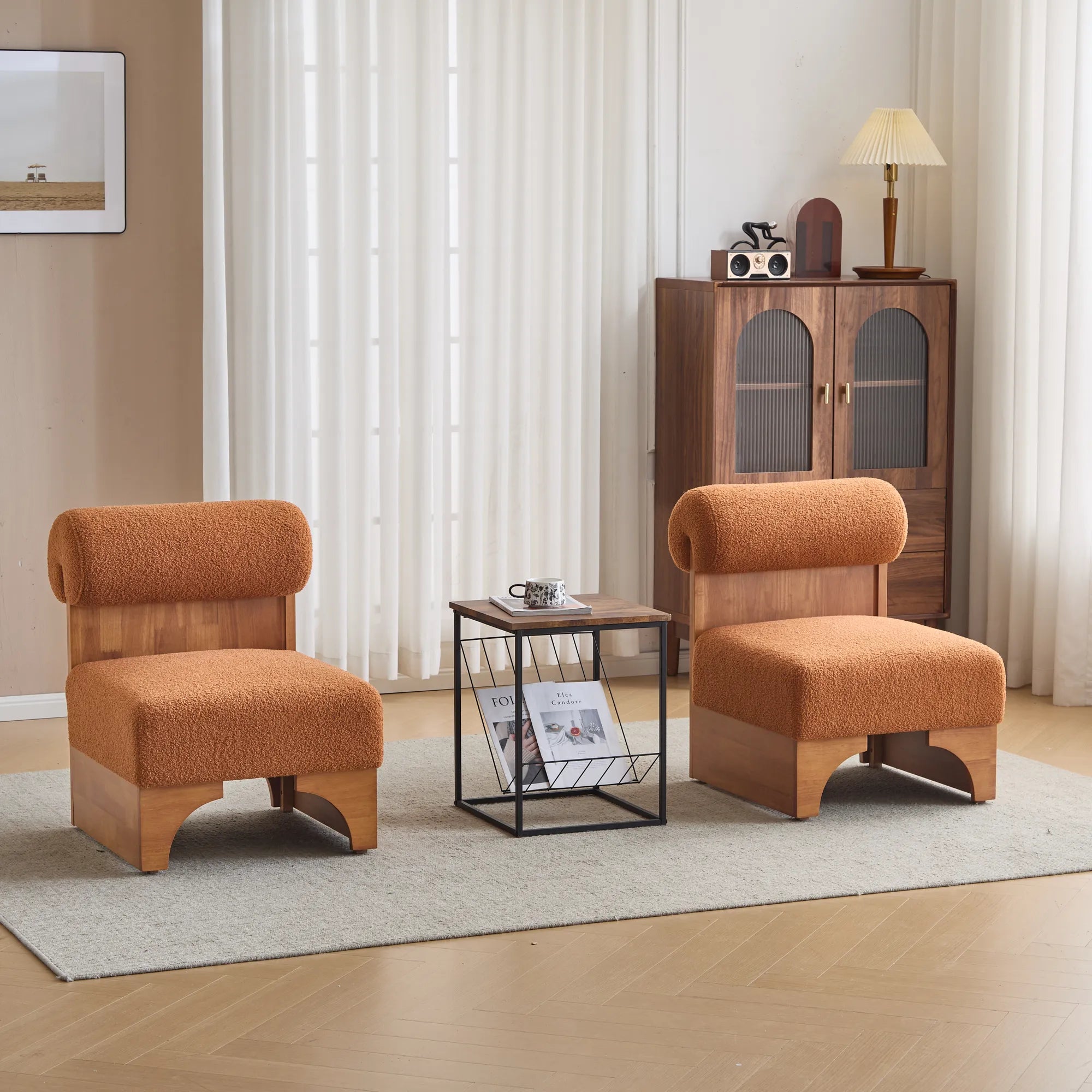 Modern Boucle Soft Lounge Accent Chair with Solid Wood Frame and Rolled Backrest