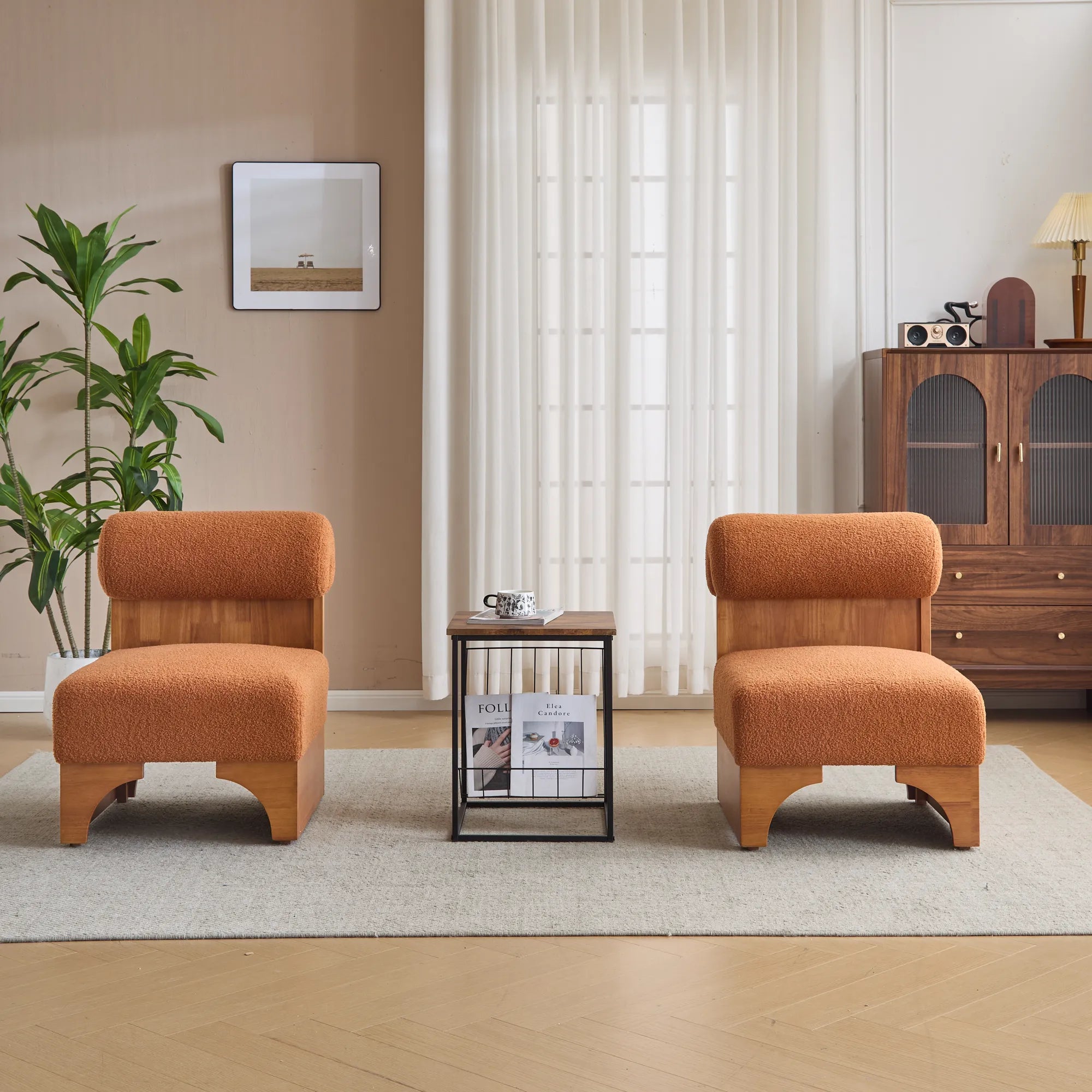 Modern Boucle Soft Lounge Accent Chair with Solid Wood Frame and Rolled Backrest