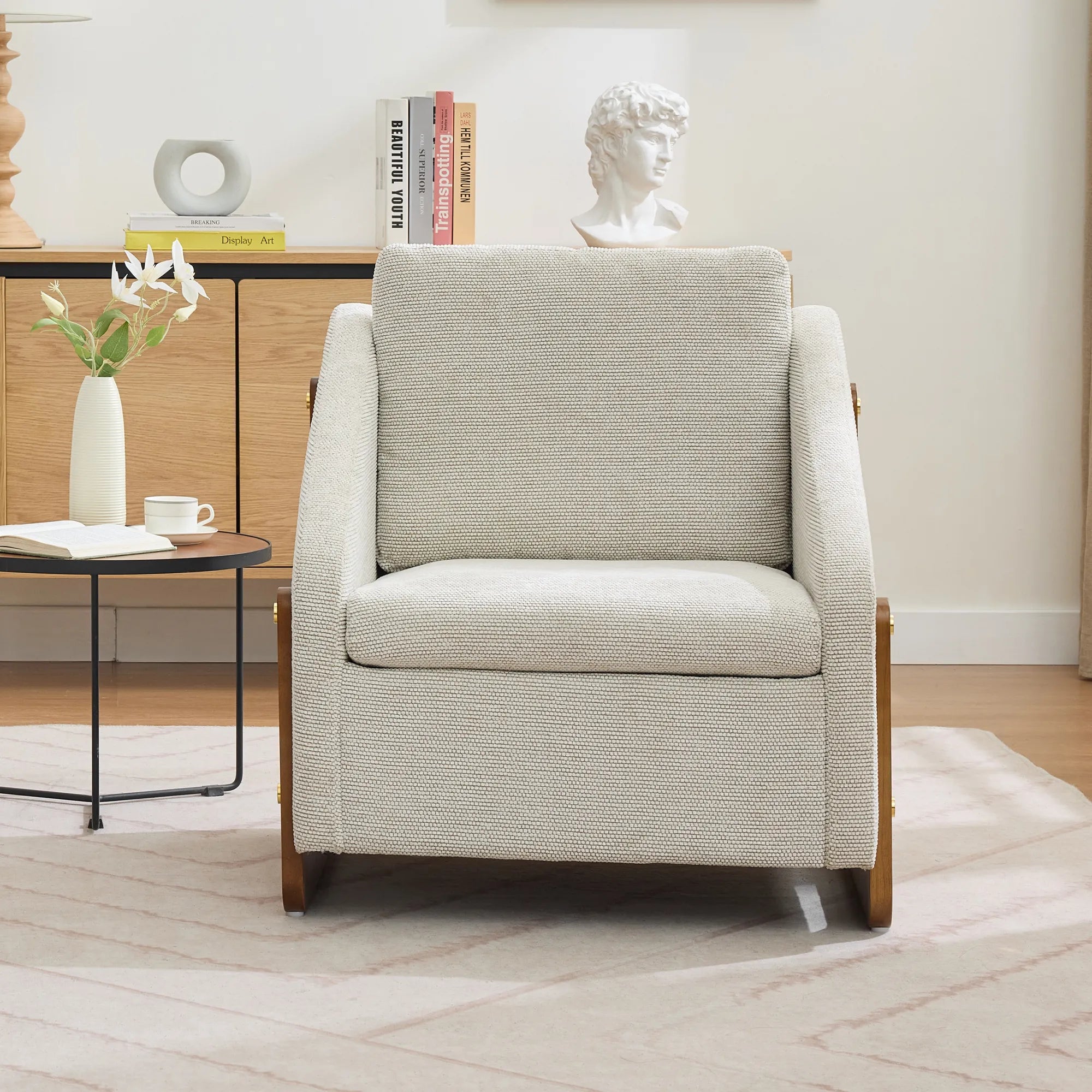 Modern Chenille Fabric Accent Chair with Wooden Side Frame