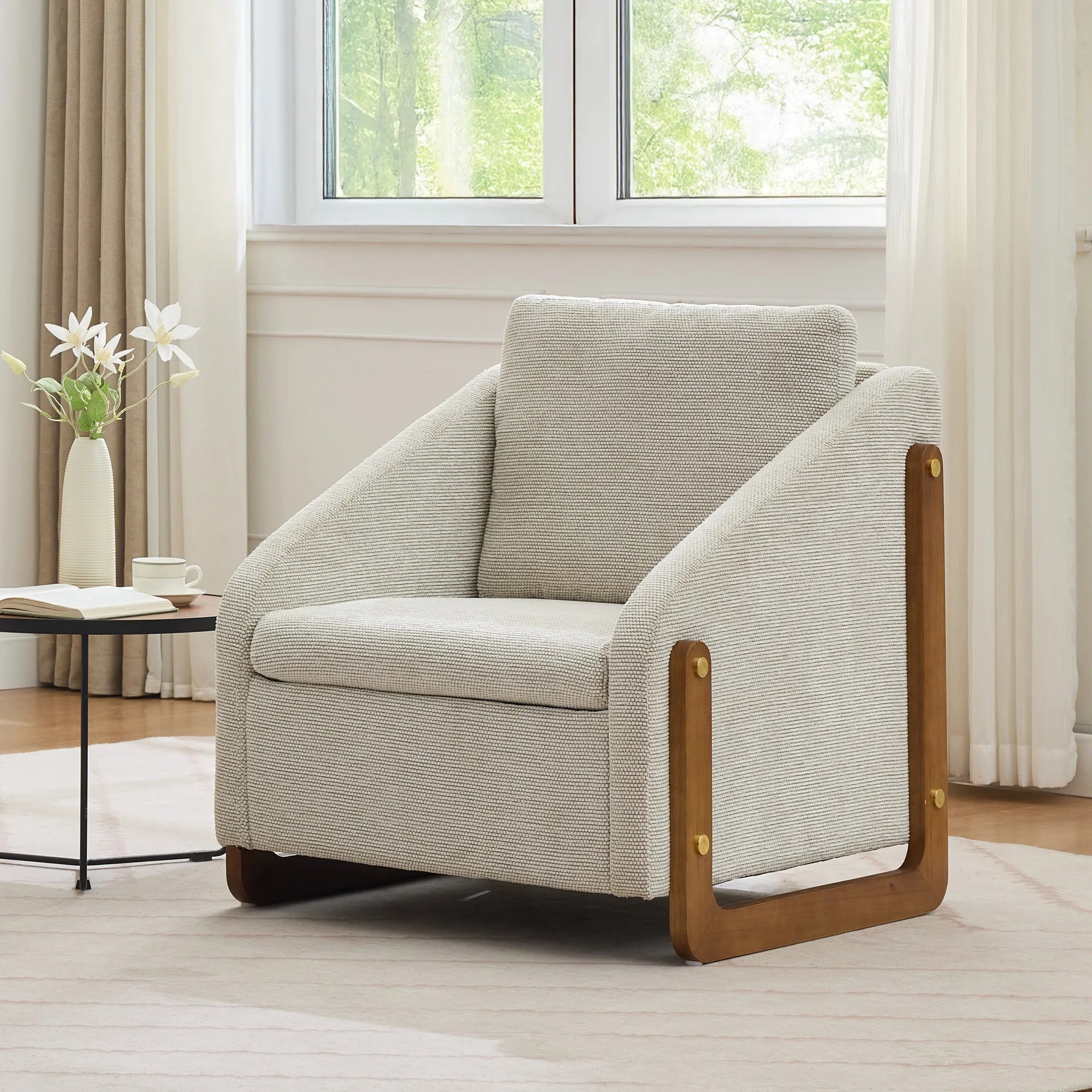 Modern Chenille Fabric Accent Chair with Wooden Side Frame