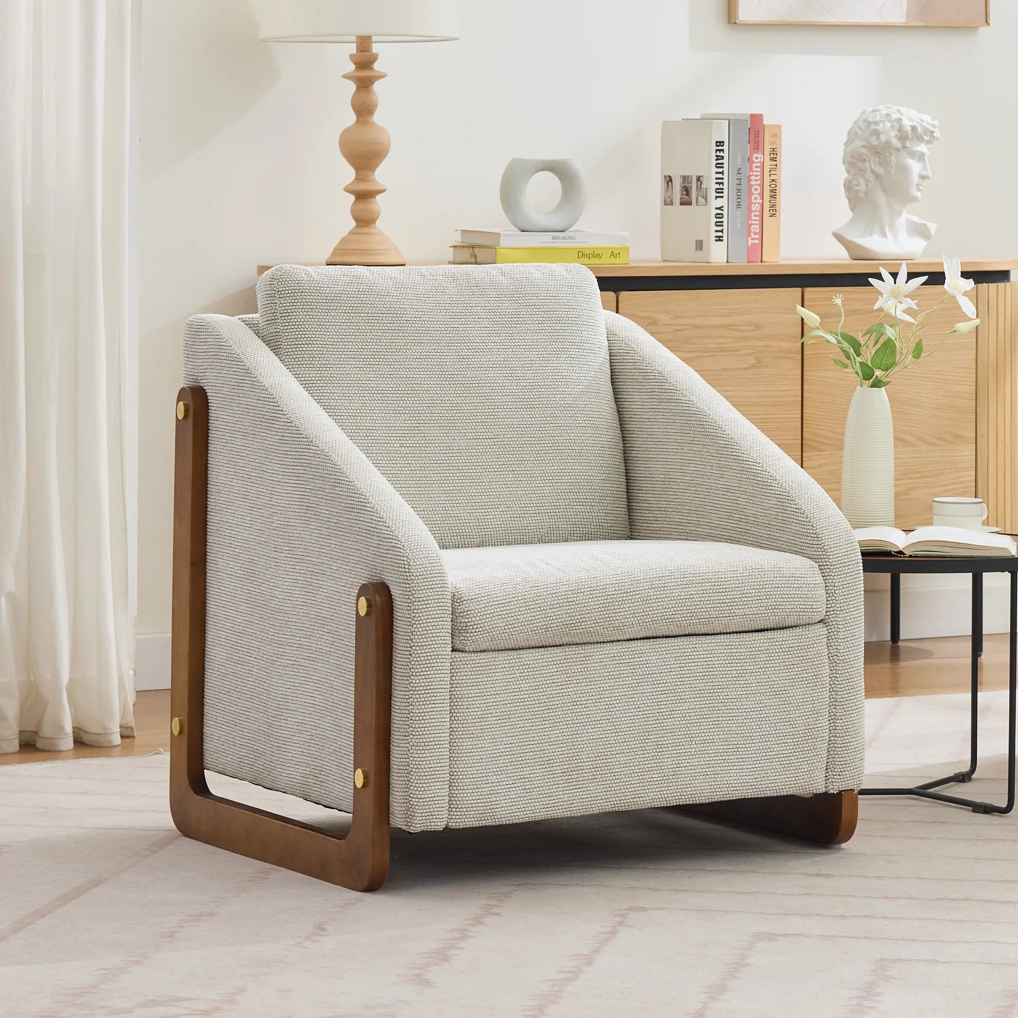 Modern Chenille Fabric Accent Chair with Wooden Side Frame