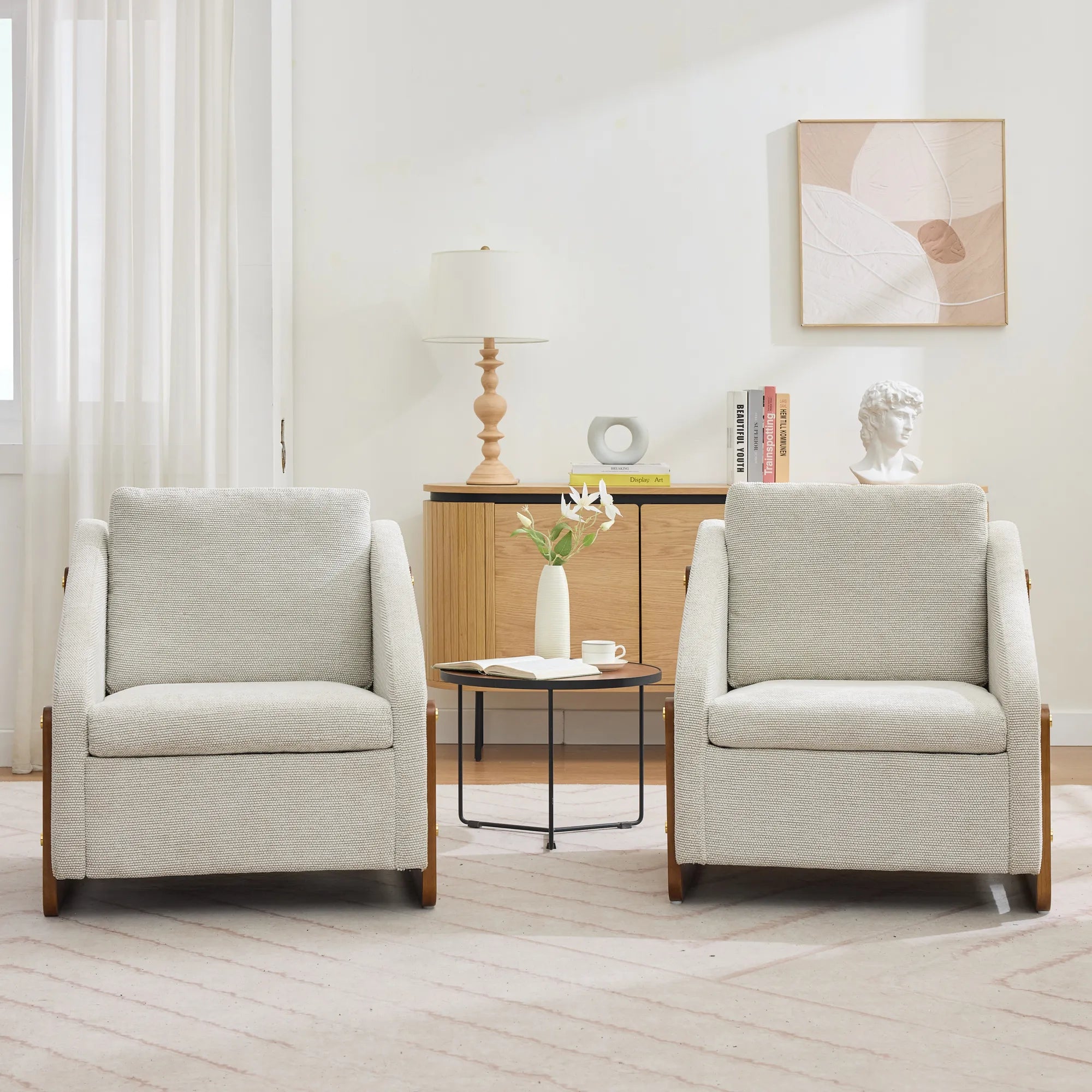 Modern Chenille Fabric Accent Chair with Wooden Side Frame