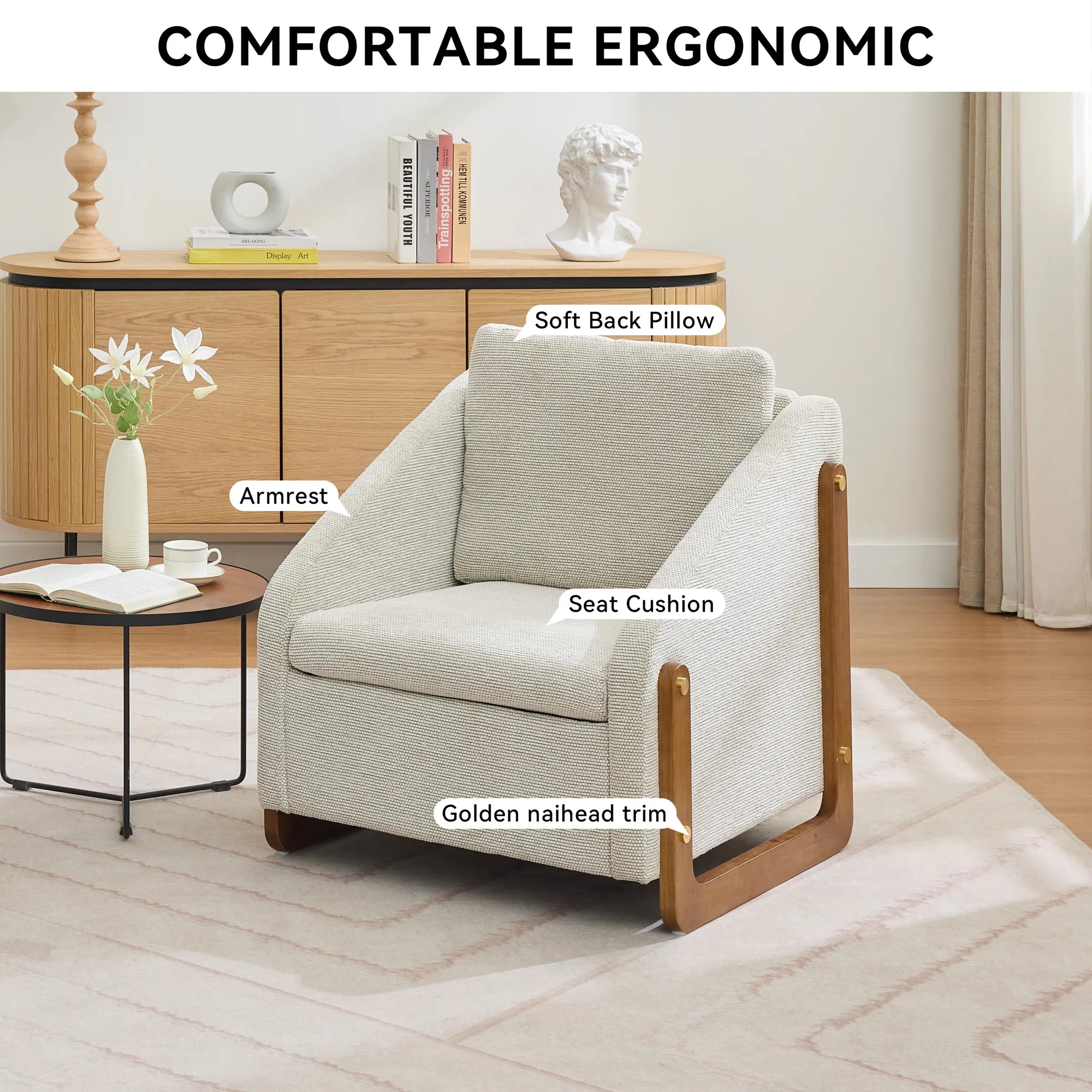 Modern Chenille Fabric Accent Chair with Wooden Side Frame