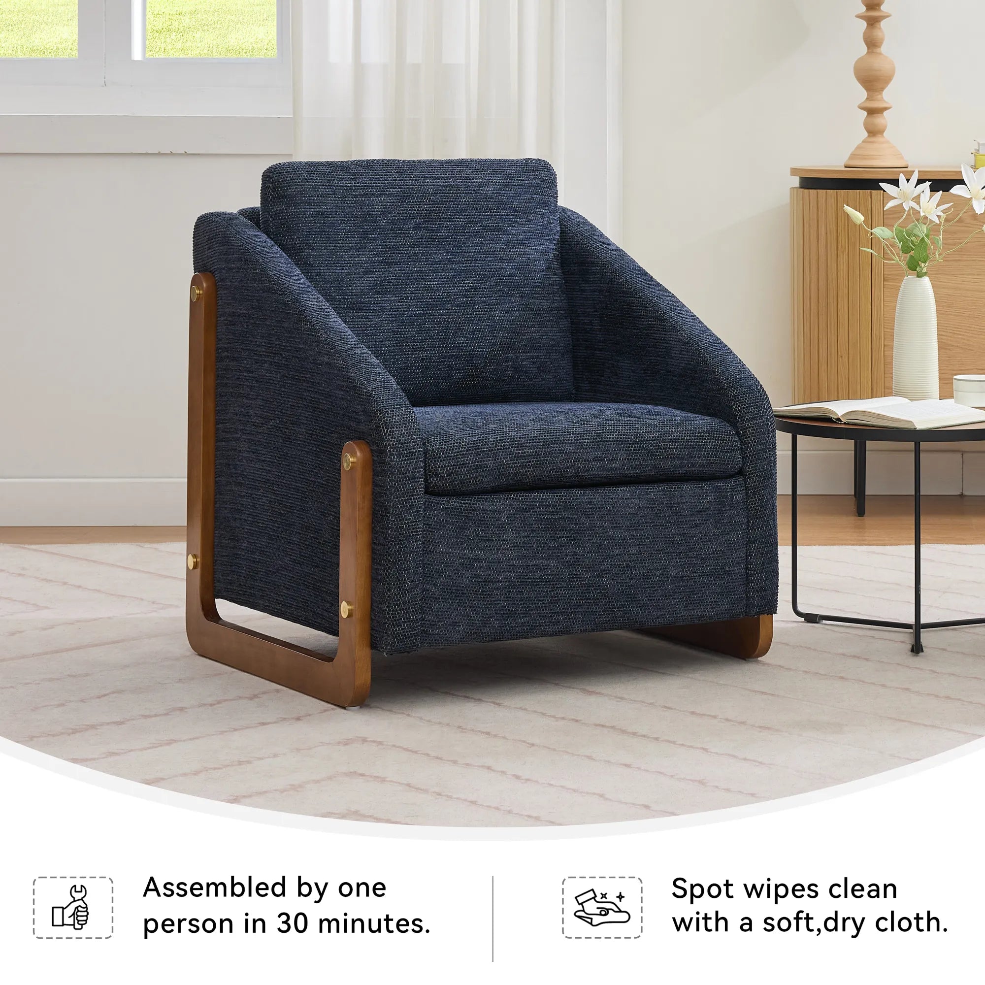 Modern Chenille Fabric Accent Chair with Wooden Side Frame