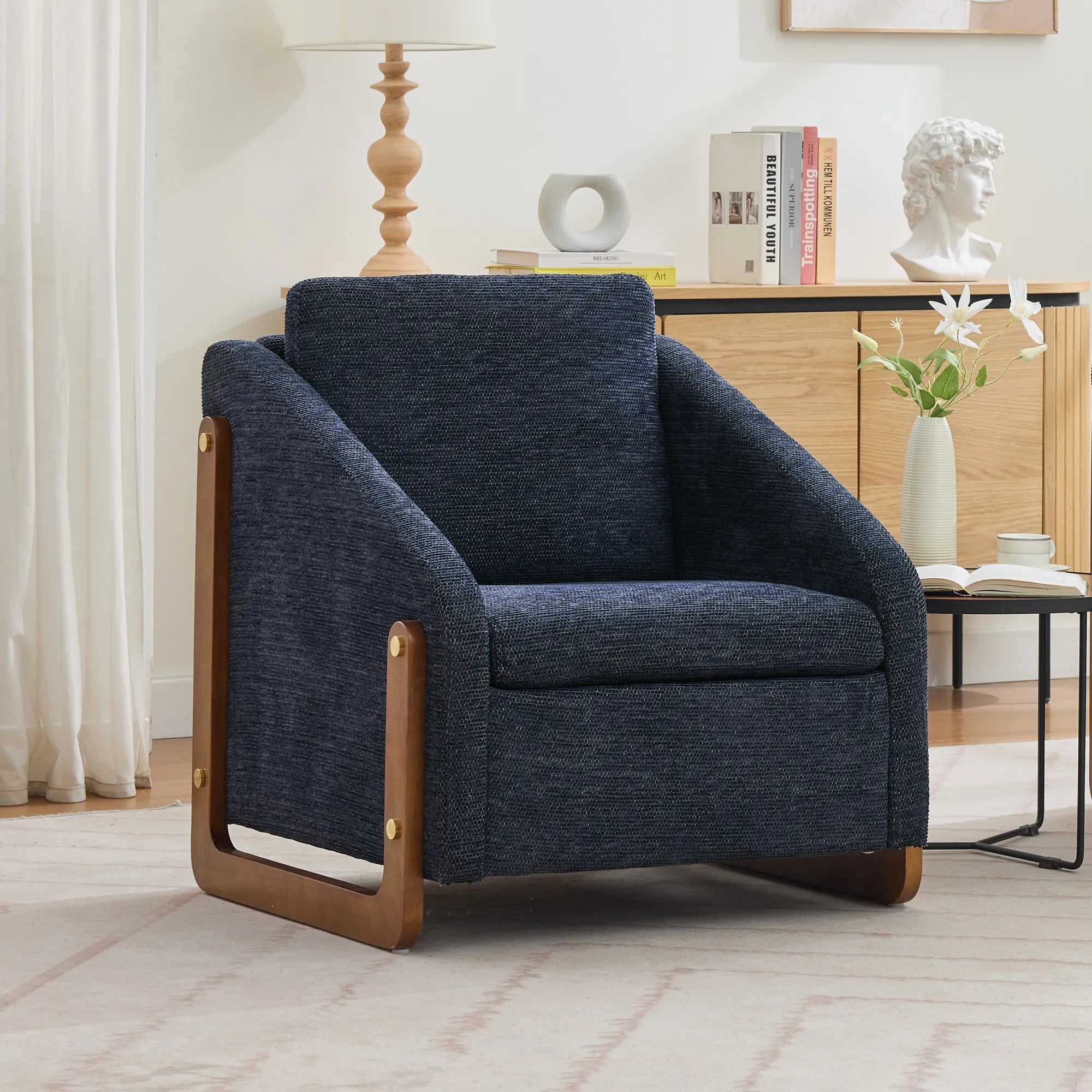 Modern Chenille Fabric Accent Chair with Wooden Side Frame