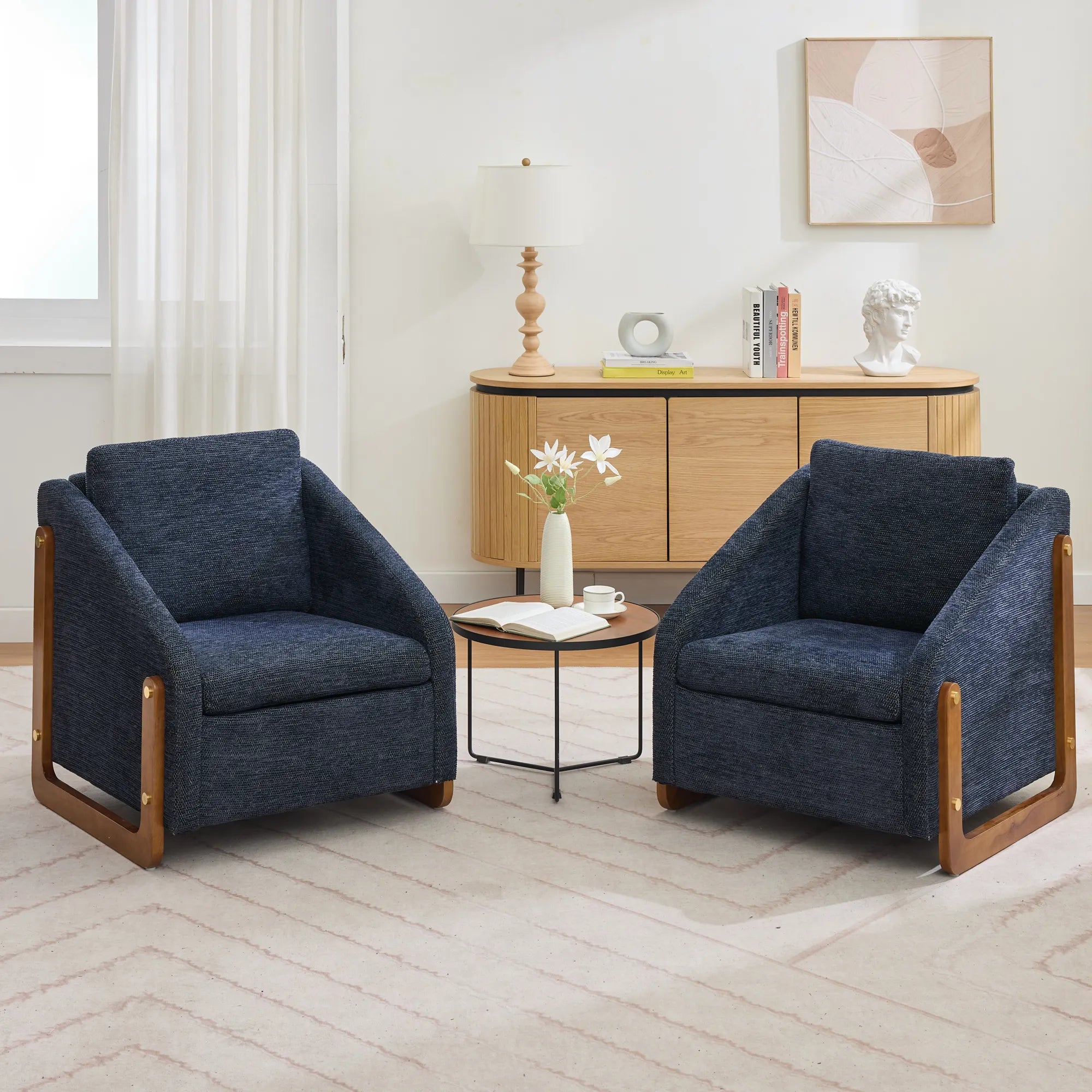 Modern Chenille Fabric Accent Chair with Wooden Side Frame